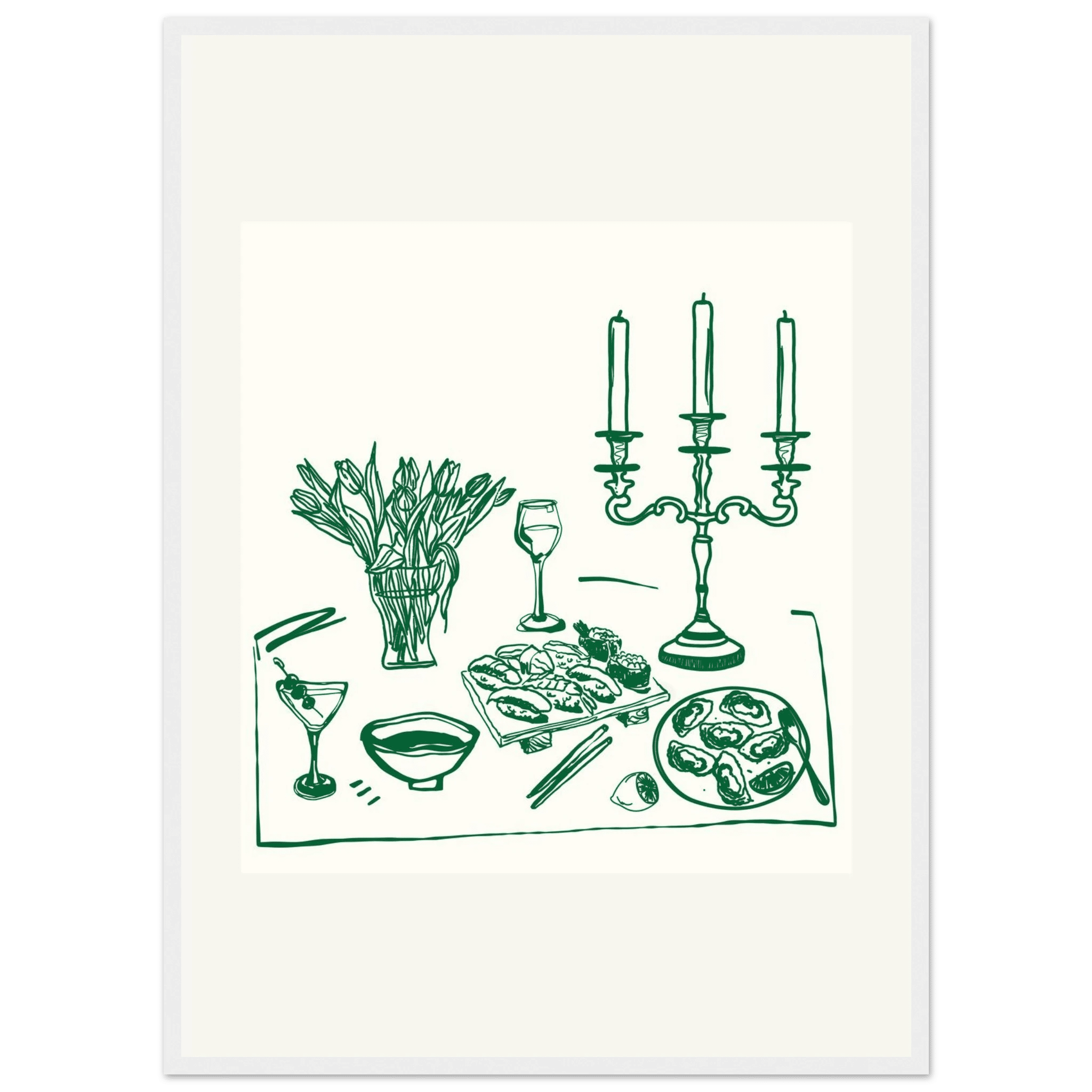 Fine Dining Table Print | Green Line Art Kitchen Wall Art | Elegant Dining Room Poster - Evergreen Posters