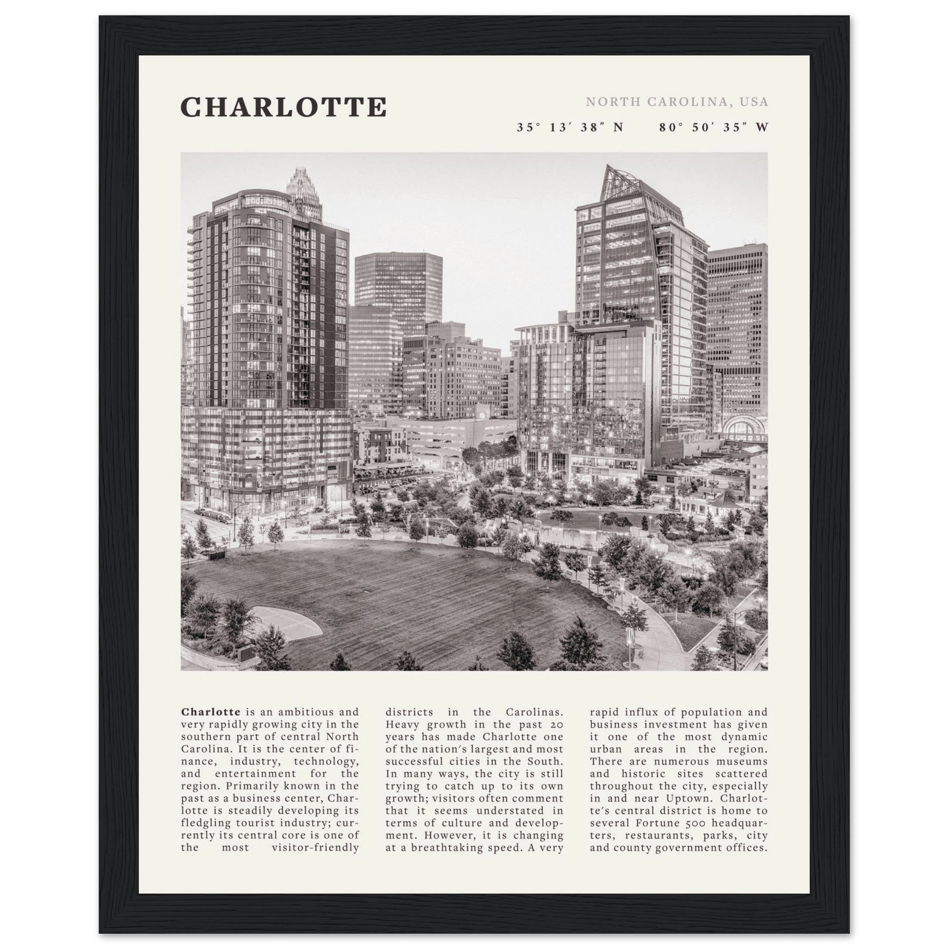 Charlotte Poster | Black & White North Carolina Skyline Wall Art | NC Travel Print - Evergreen Posters