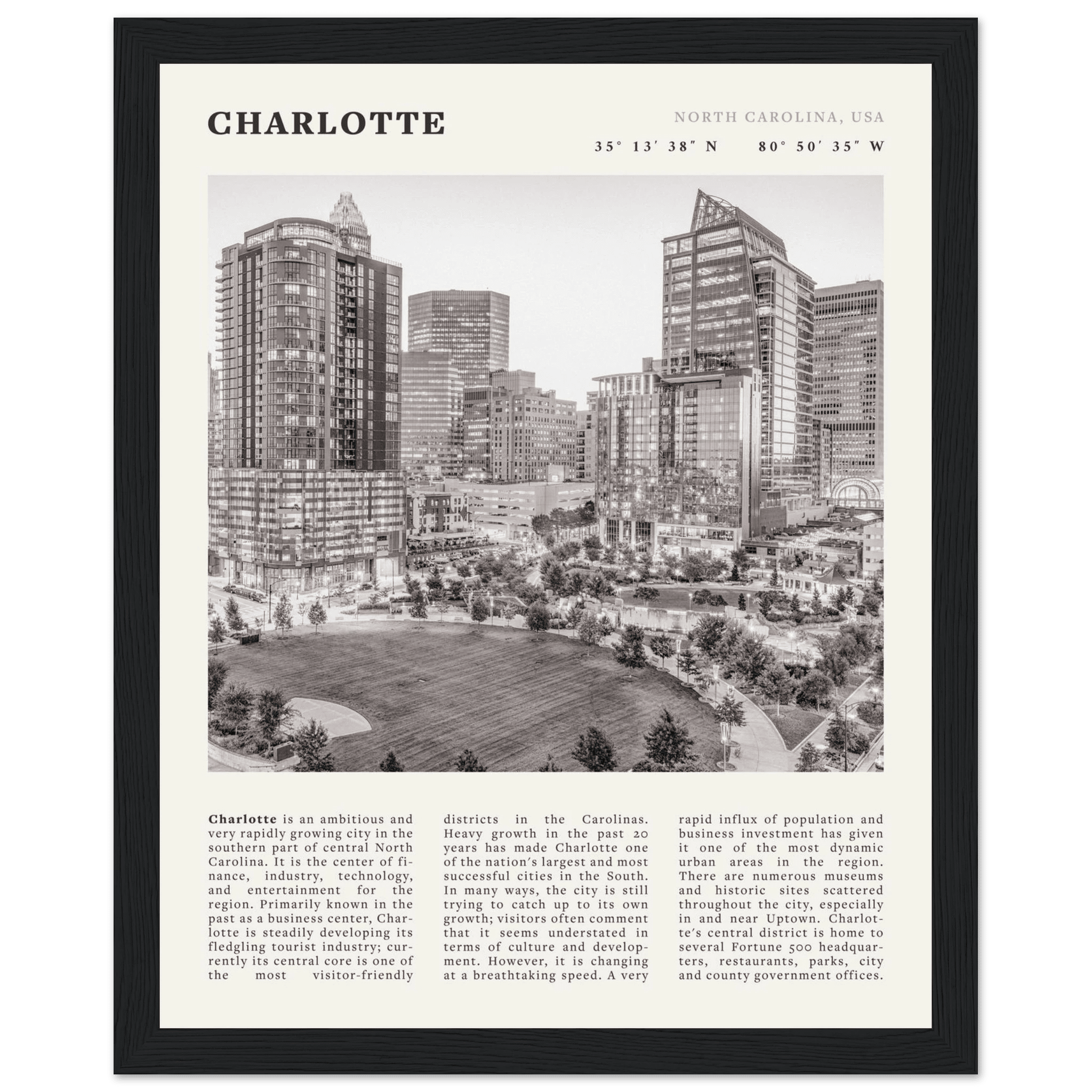 Charlotte Poster | Black & White North Carolina Skyline Wall Art | NC Travel Print - Evergreen Posters