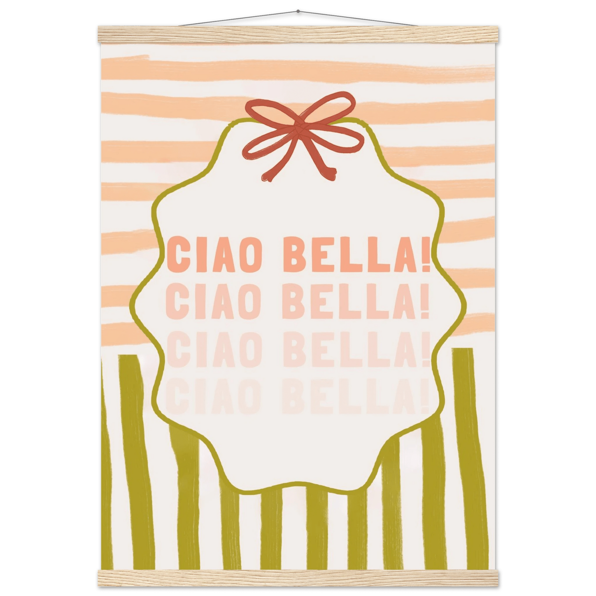 Ciao Bella Poster | Italian Typography Wall Art | Retro Stripe Bow Print | Cute Room Decor - Evergreen Posters