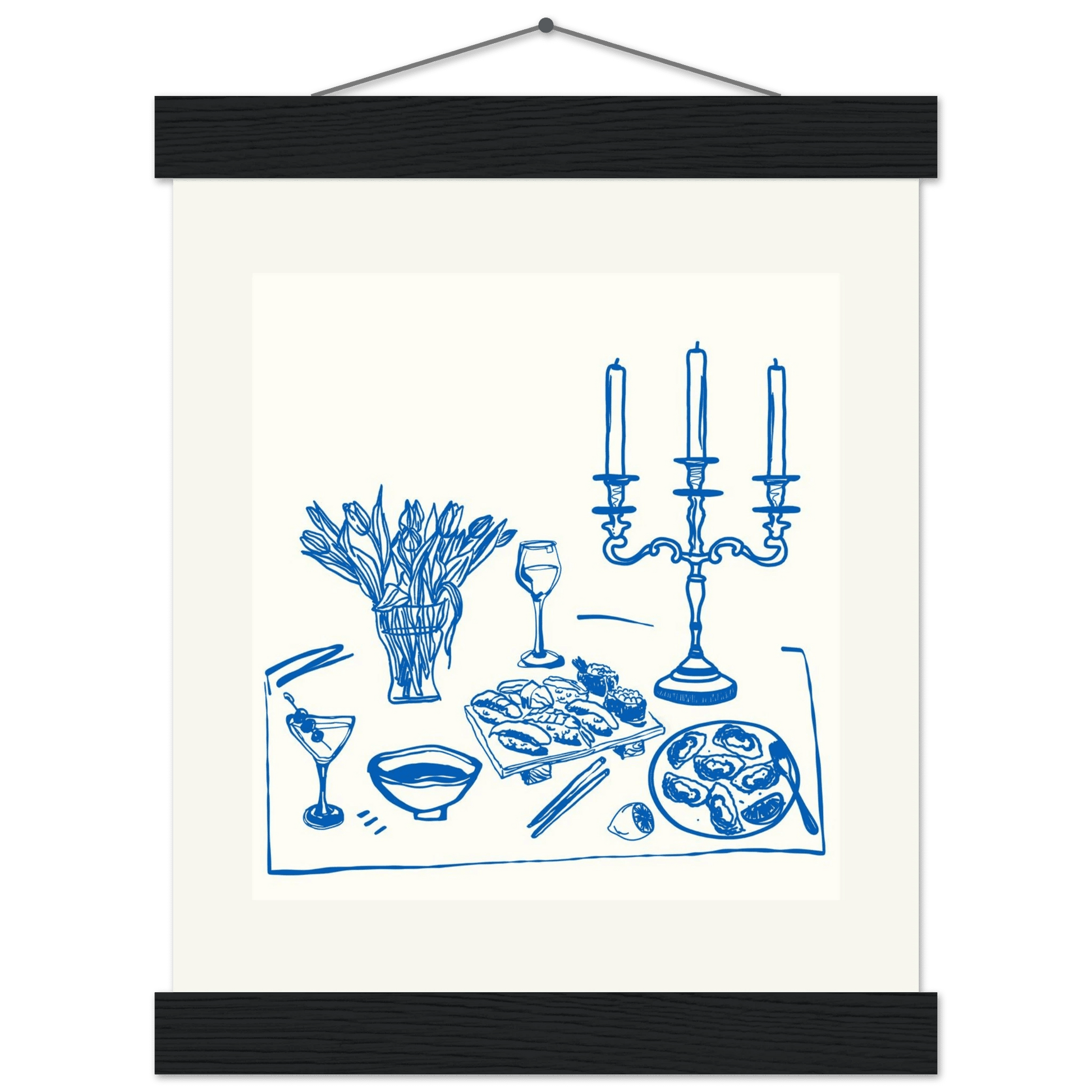 Fine Dining Table Print | Blue Line Art Kitchen Wall Art | Elegant Dining Room Poster - Evergreen Posters