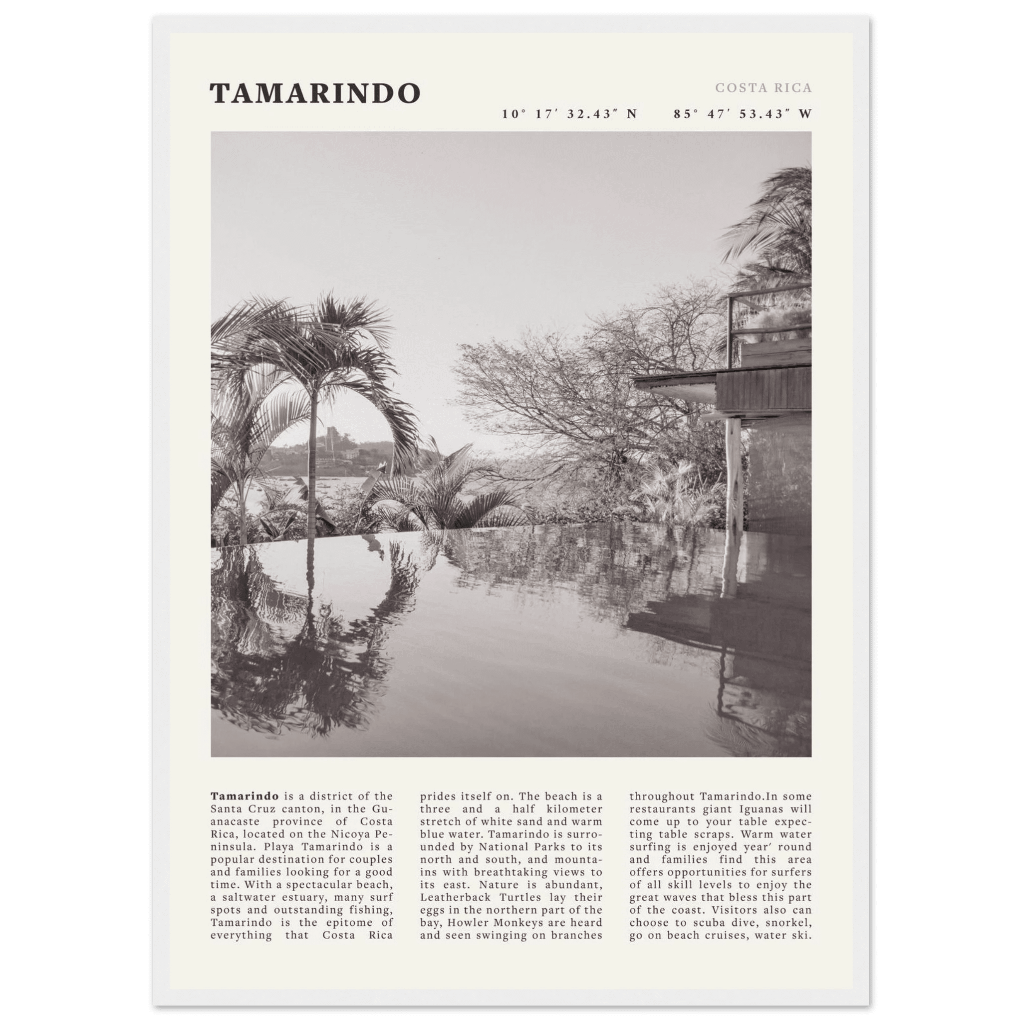 Tamarindo Poster | Black & White Costa Rica Beach Wall Art | Surf Travel Print - Evergreen Posters