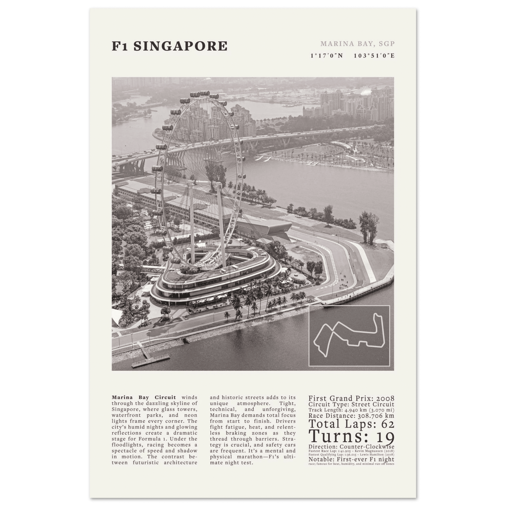 F1 Singapore Poster Black and White – Vintage Marina Bay Night Race Print (Digital & Printed Options) - Evergreen Posters