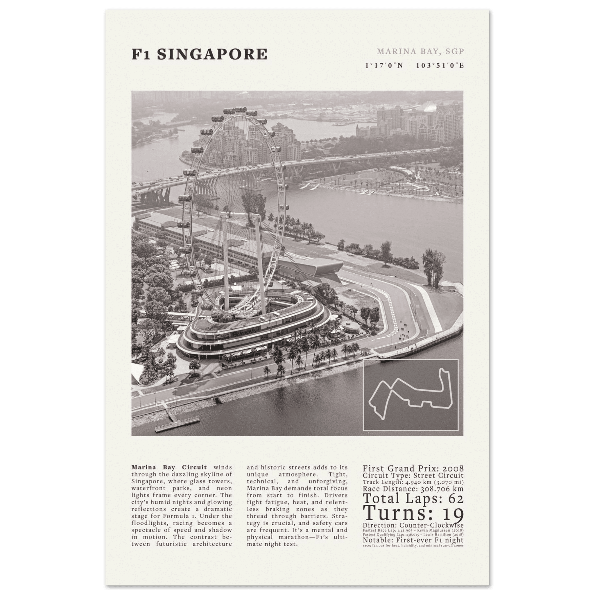 F1 Singapore Poster Black and White – Vintage Marina Bay Night Race Print (Digital & Printed Options) - Evergreen Posters