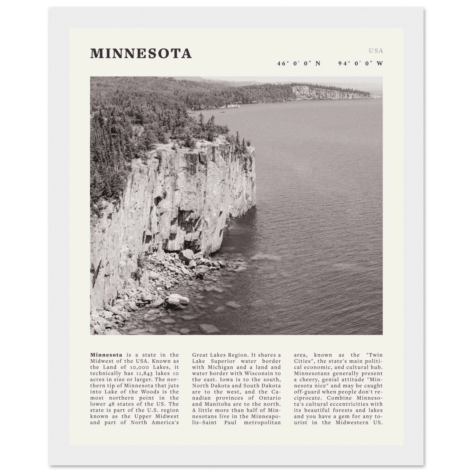 Minnesota Poster | Black & White Lake Superior Wall Art | USA Nature Travel Print - Evergreen Posters