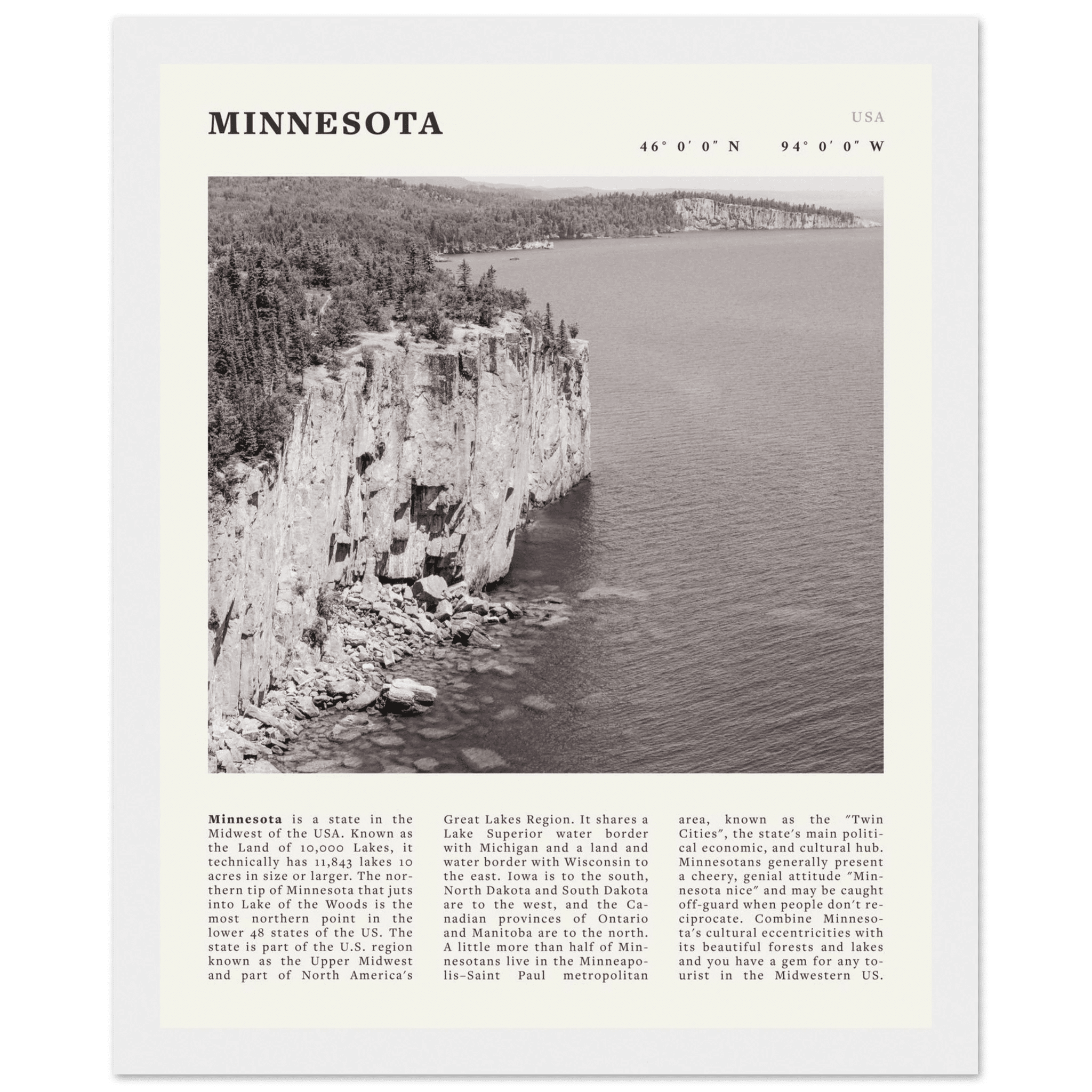 Minnesota Poster | Black & White Lake Superior Wall Art | USA Nature Travel Print - Evergreen Posters
