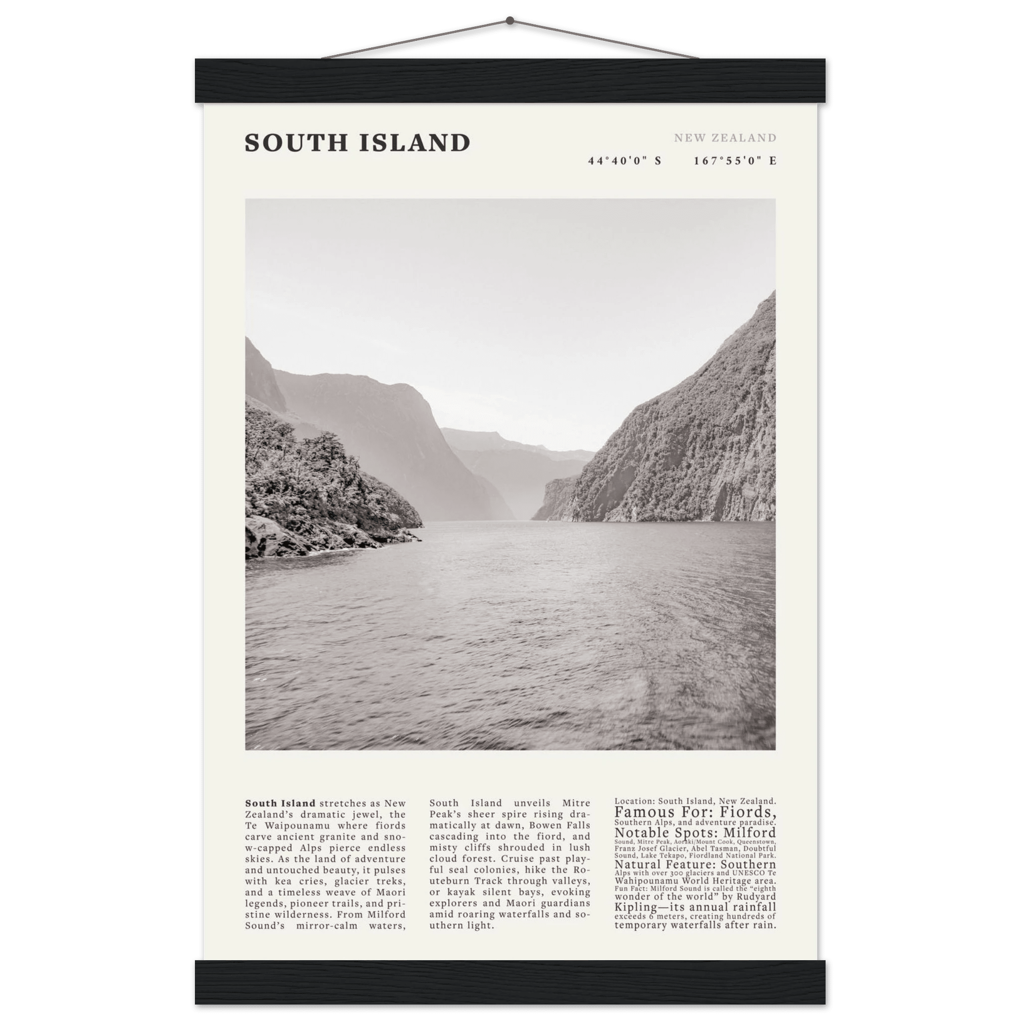 South Island New Zealand Poster Black and White – Vintage Milford Sound Fjord Print - Evergreen Posters