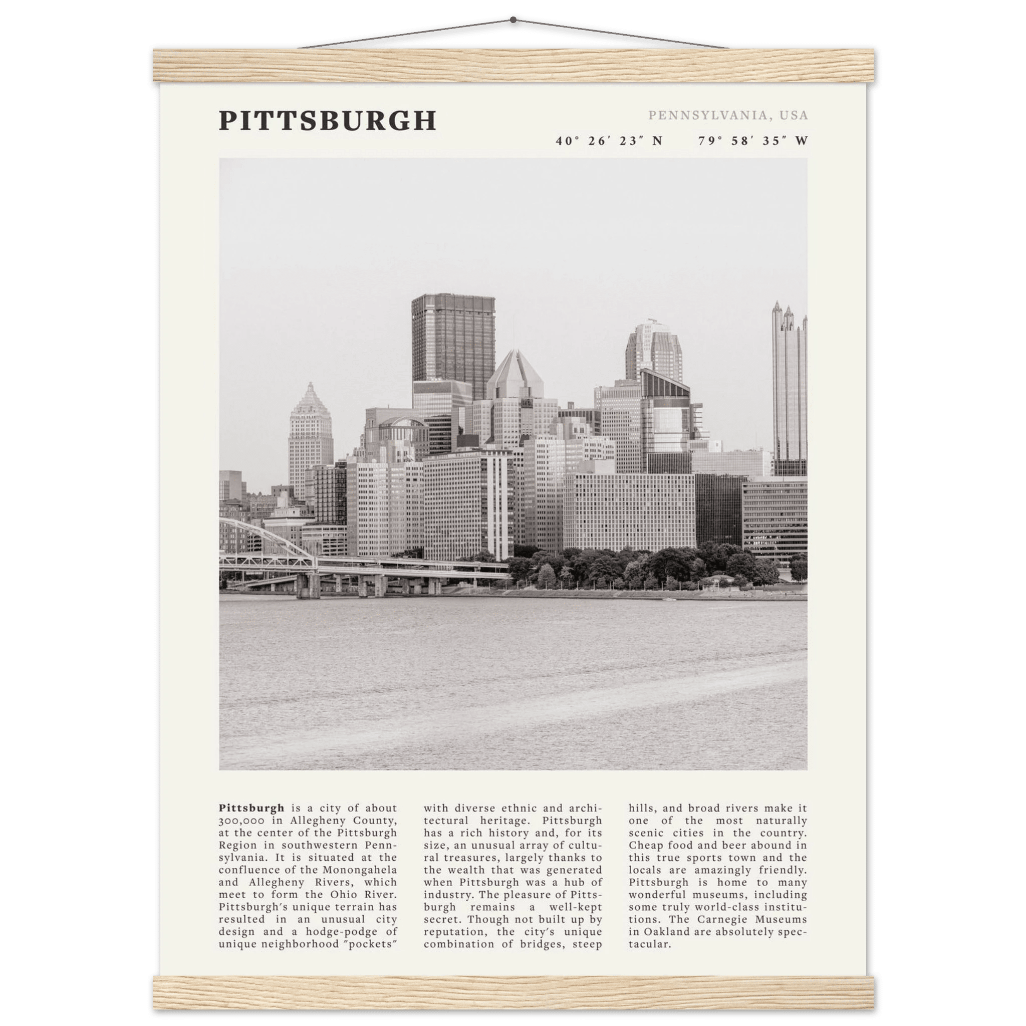 Pittsburgh Poster | Black & White Pennsylvania Skyline Wall Art | PA Travel Print - Evergreen Posters