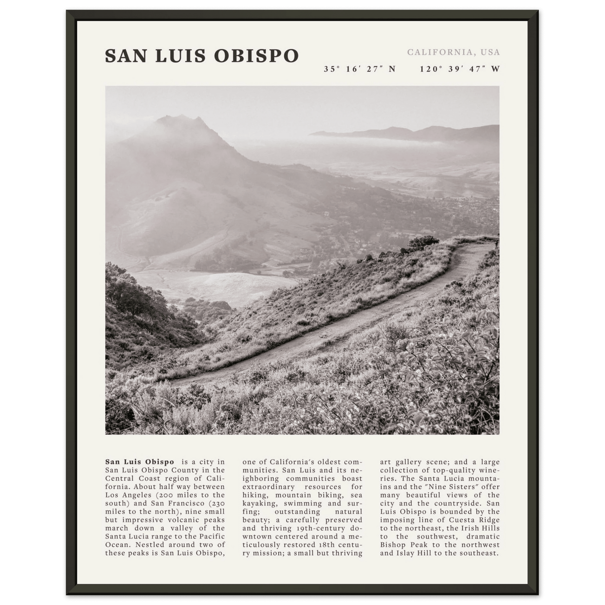 San Luis Obispo Poster | Black & White California Wall Art | SLO Travel Print - Evergreen Posters