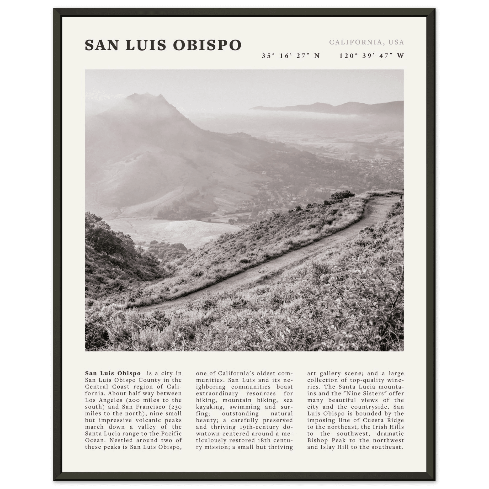 San Luis Obispo Poster | Black & White California Wall Art | SLO Travel Print - Evergreen Posters