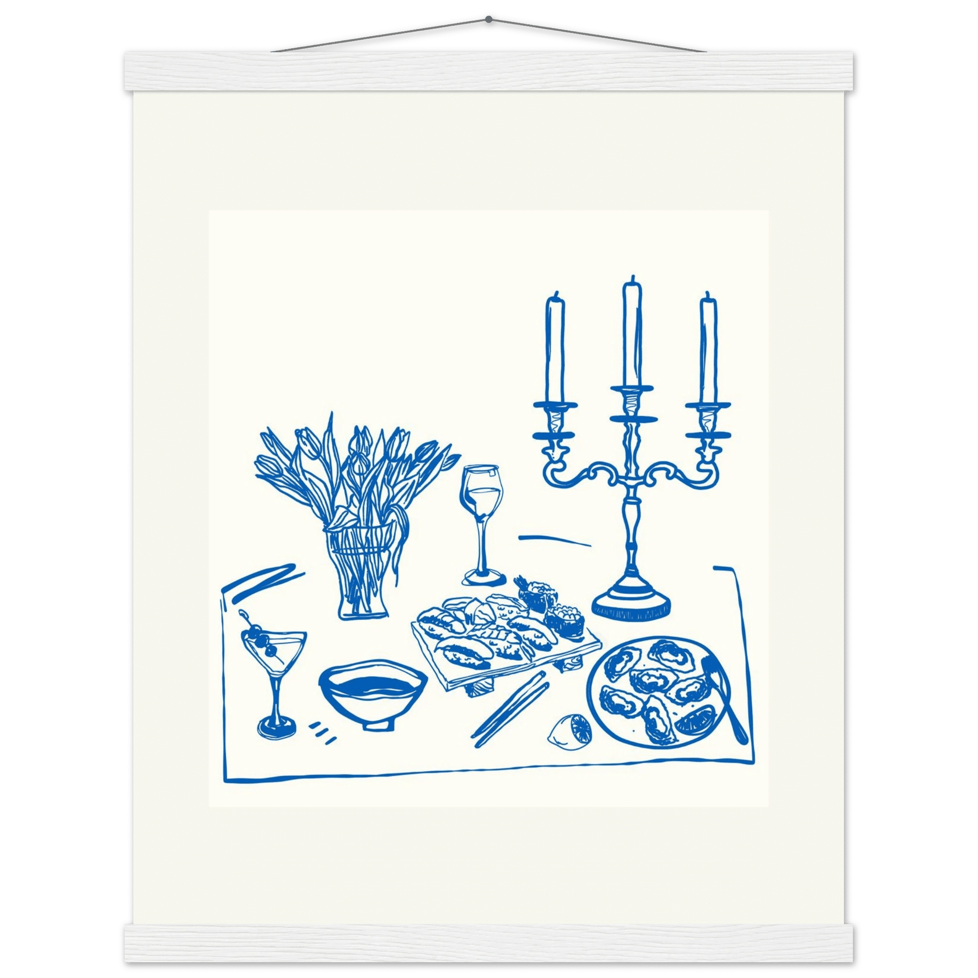 Fine Dining Table Print | Blue Line Art Kitchen Wall Art | Elegant Dining Room Poster - Evergreen Posters