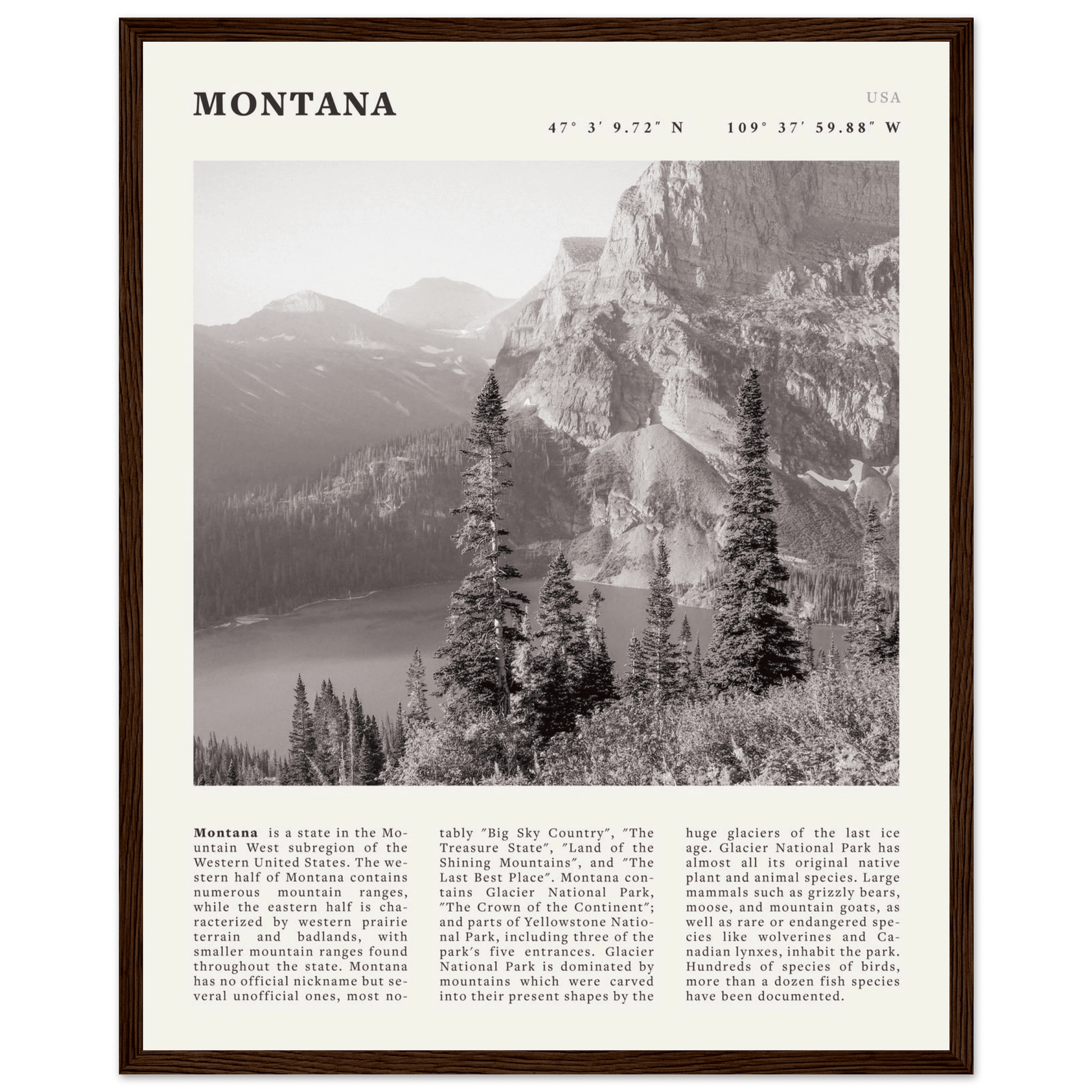 Montana Poster | Black & White Glacier National Park Wall Art | Nature Travel Print - Evergreen Posters