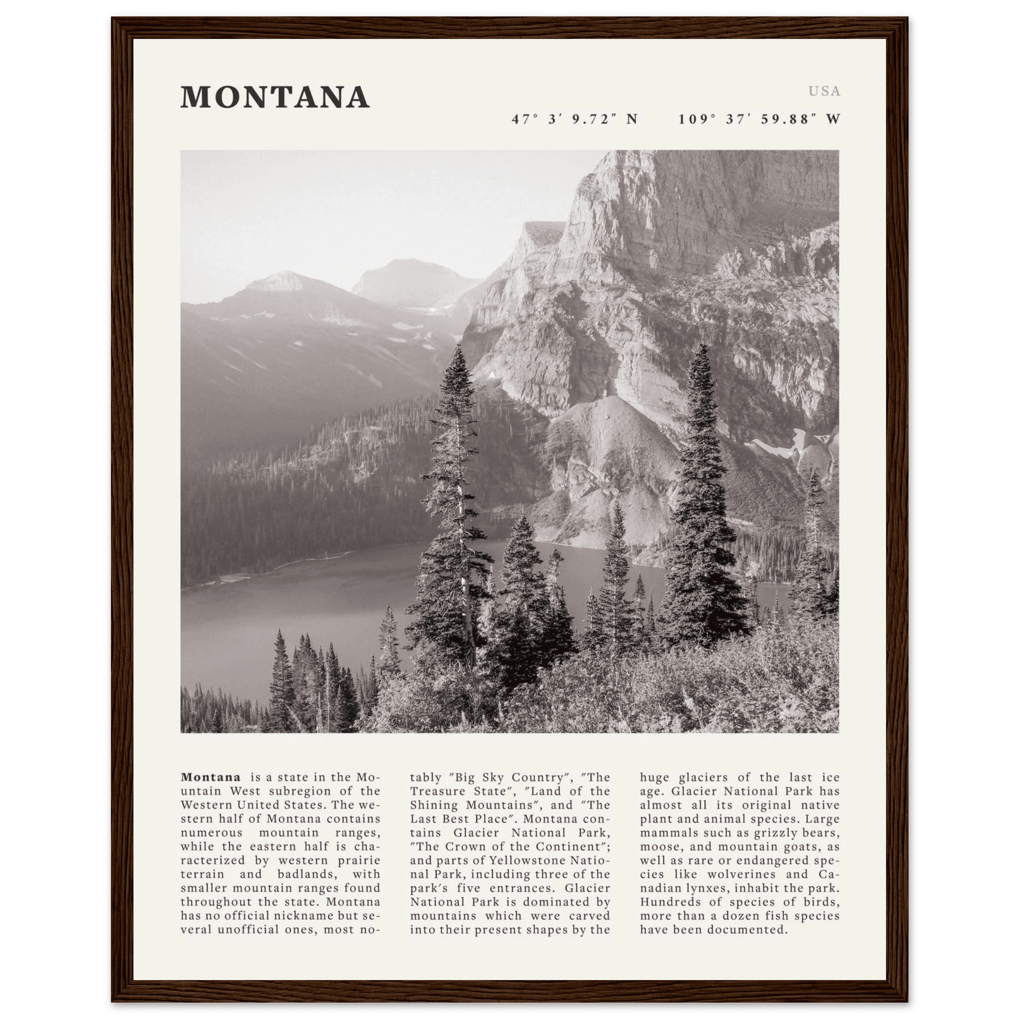 Montana Poster | Black & White Glacier National Park Wall Art | Nature Travel Print - Evergreen Posters