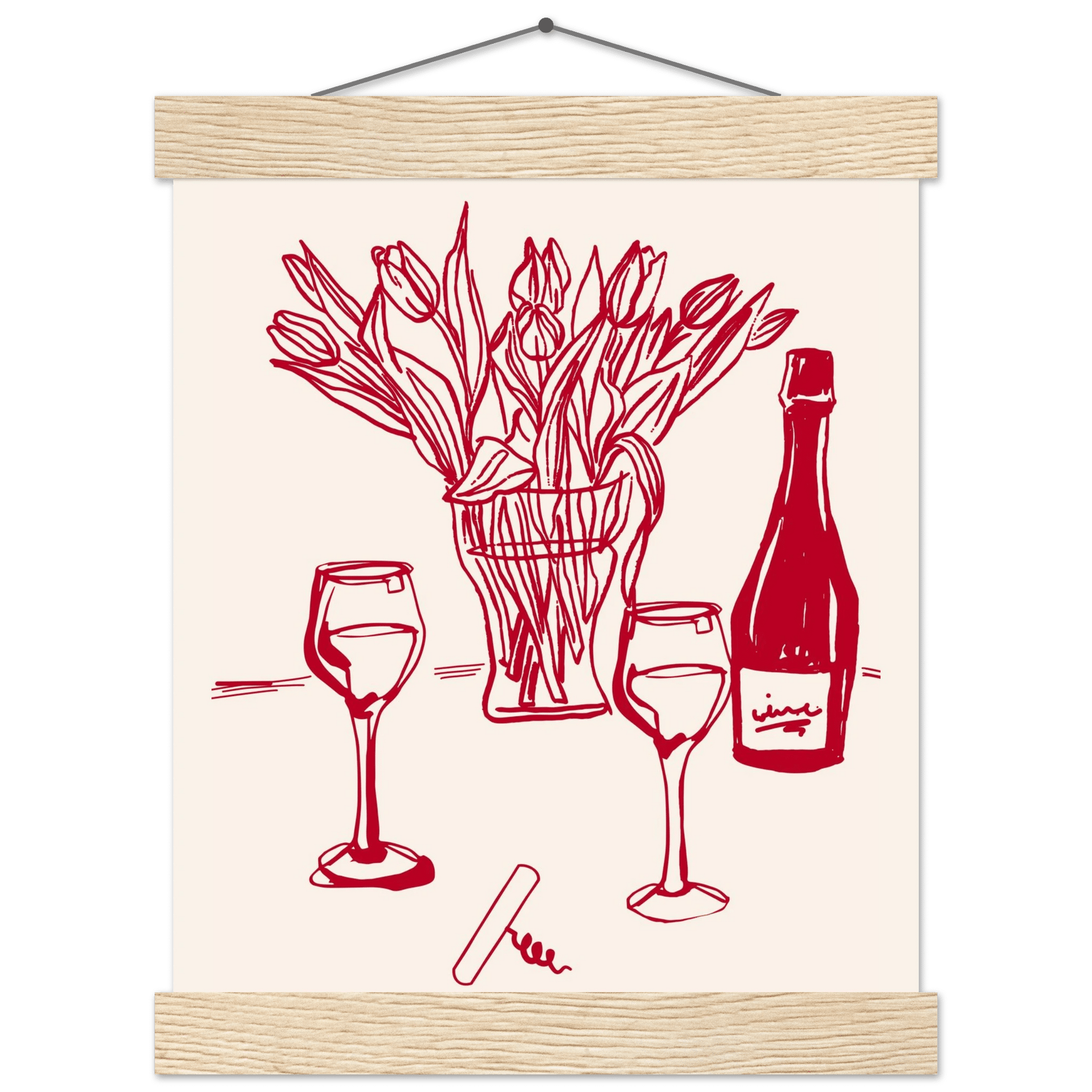 Red Wine & Tulips Print | Line Art Wine Bottle Wall Art | Kitchen Poster - Evergreen Posters