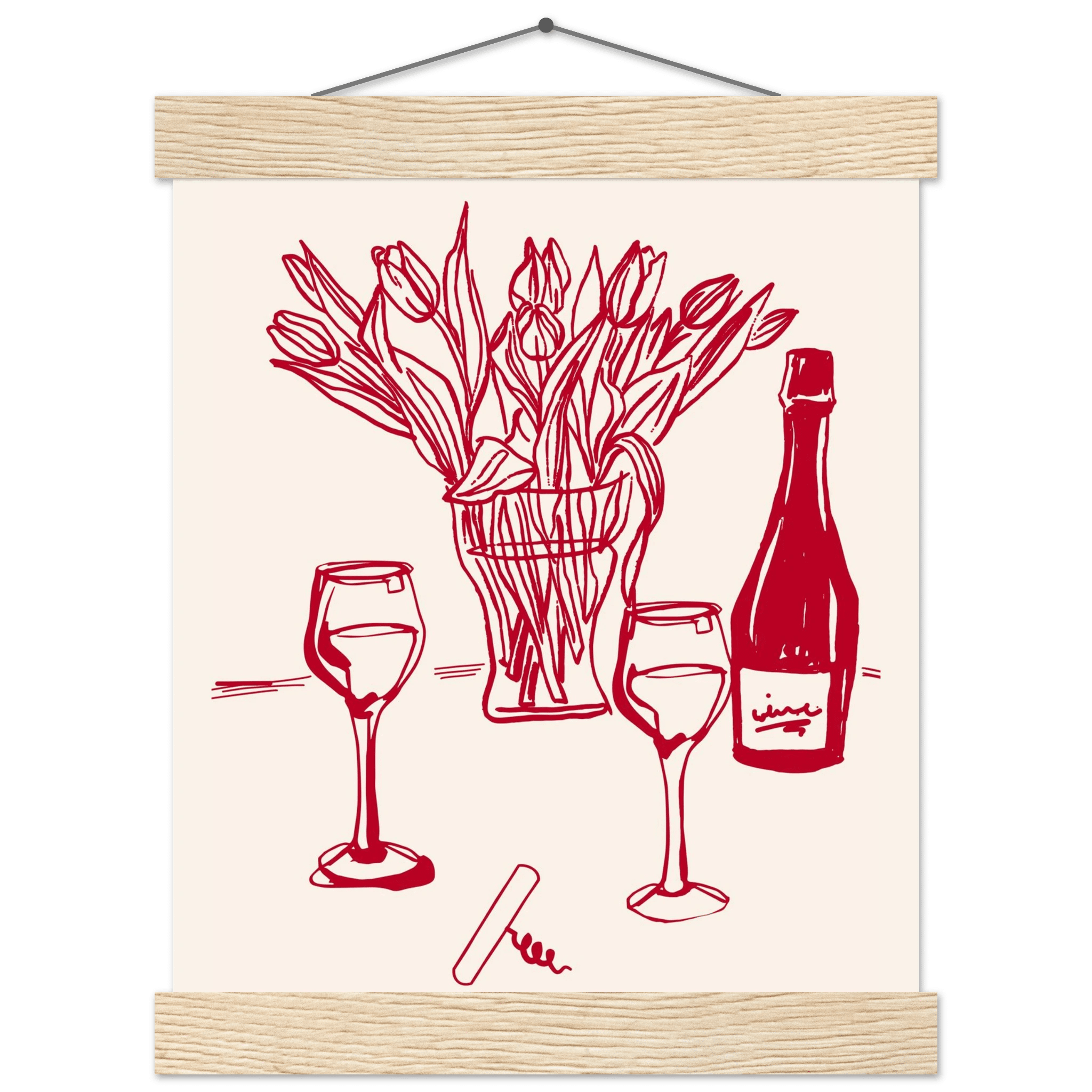 Red Wine & Tulips Print | Line Art Wine Bottle Wall Art | Kitchen Poster - Evergreen Posters