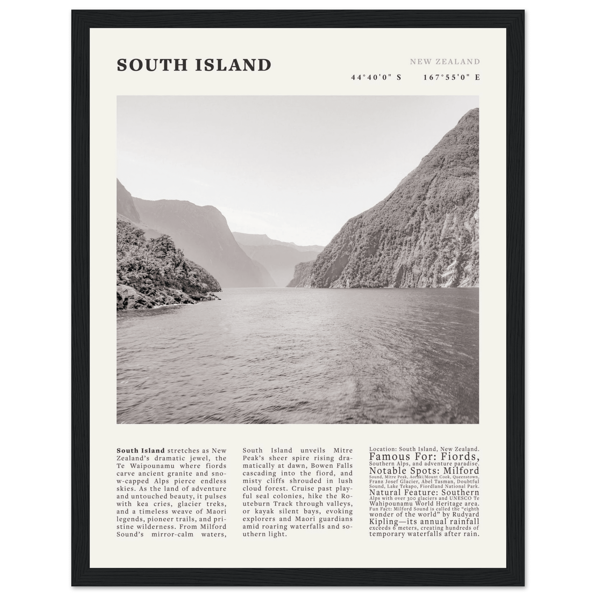 South Island New Zealand Poster Black and White – Vintage Milford Sound Fjord Print - Evergreen Posters