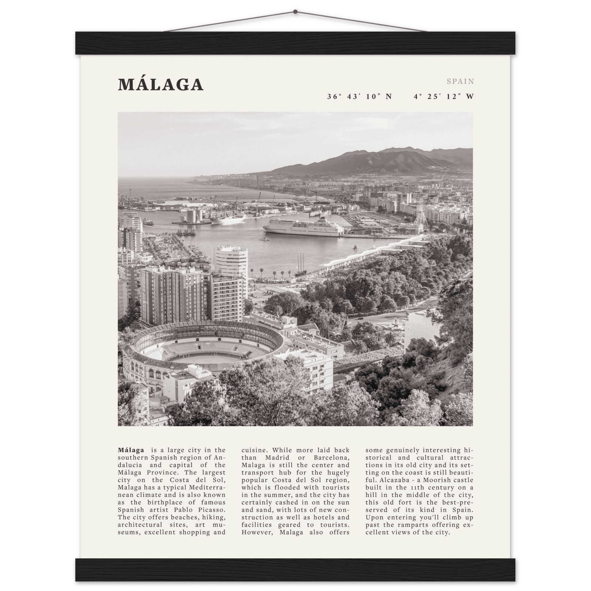Málaga Poster | Black & White Costa del Sol Wall Art | Spain Travel Print - Evergreen Posters
