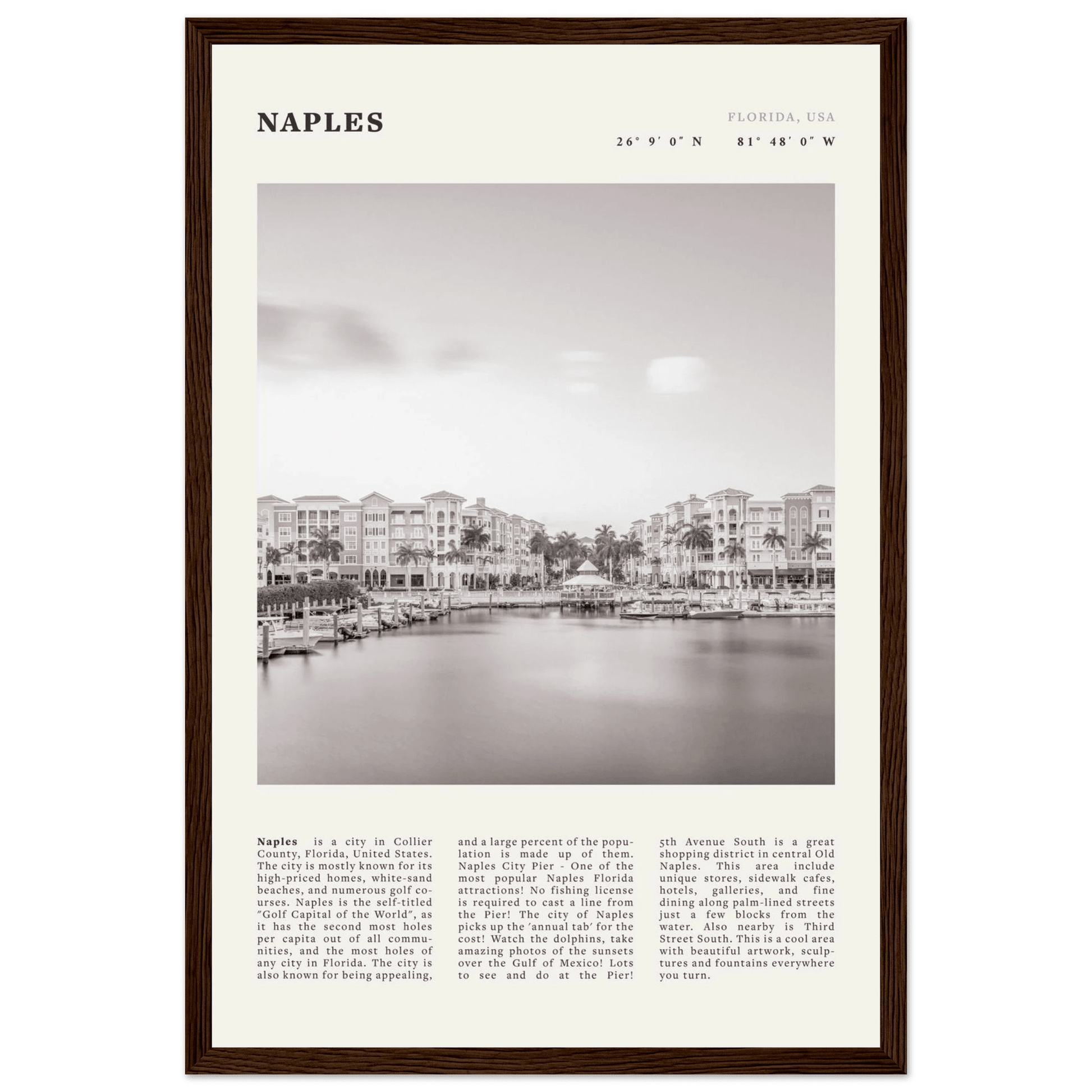 Naples Florida Poster | Black & White Gulf Coast Wall Art | FL Travel Print - Evergreen Posters