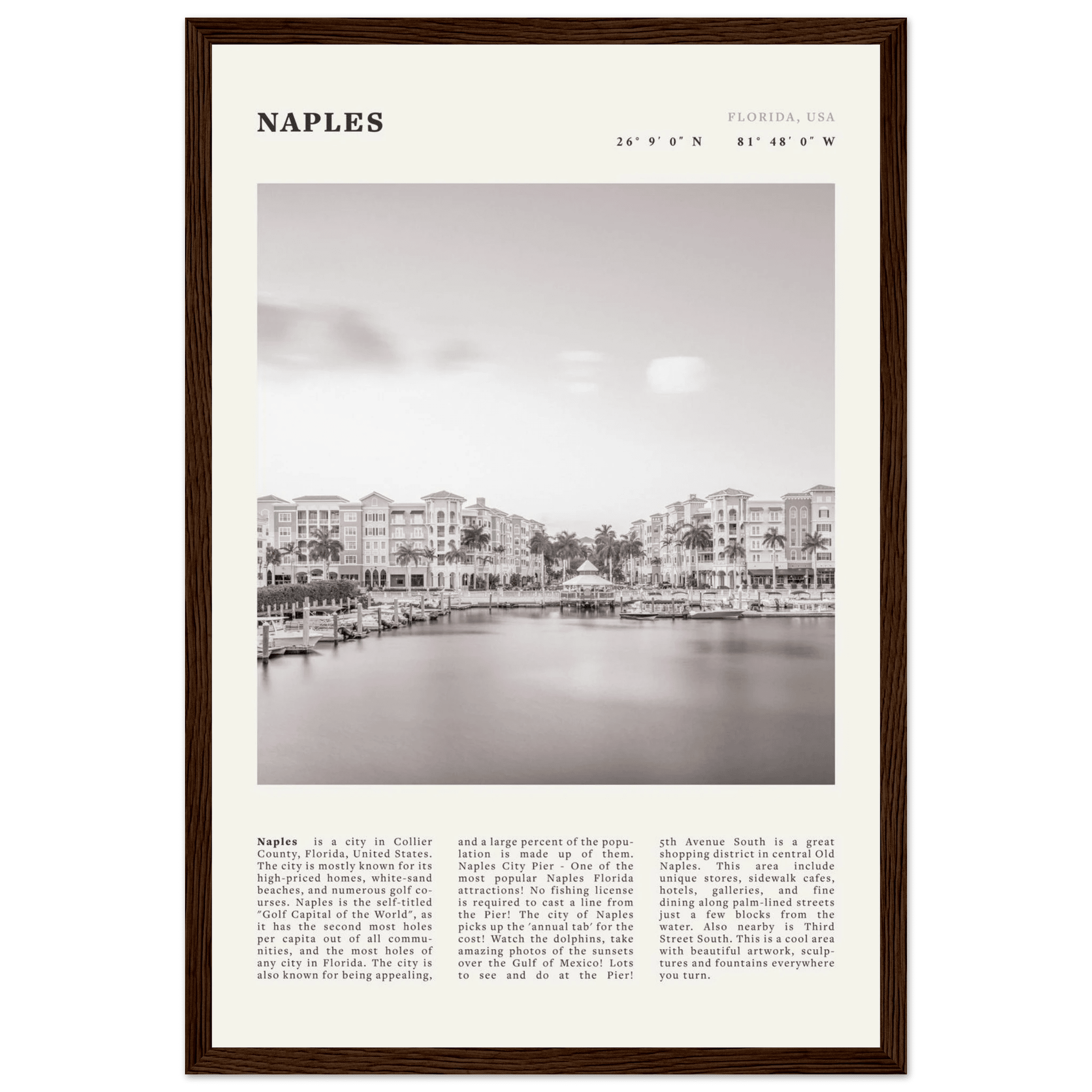 Naples Florida Poster | Black & White Gulf Coast Wall Art | FL Travel Print - Evergreen Posters