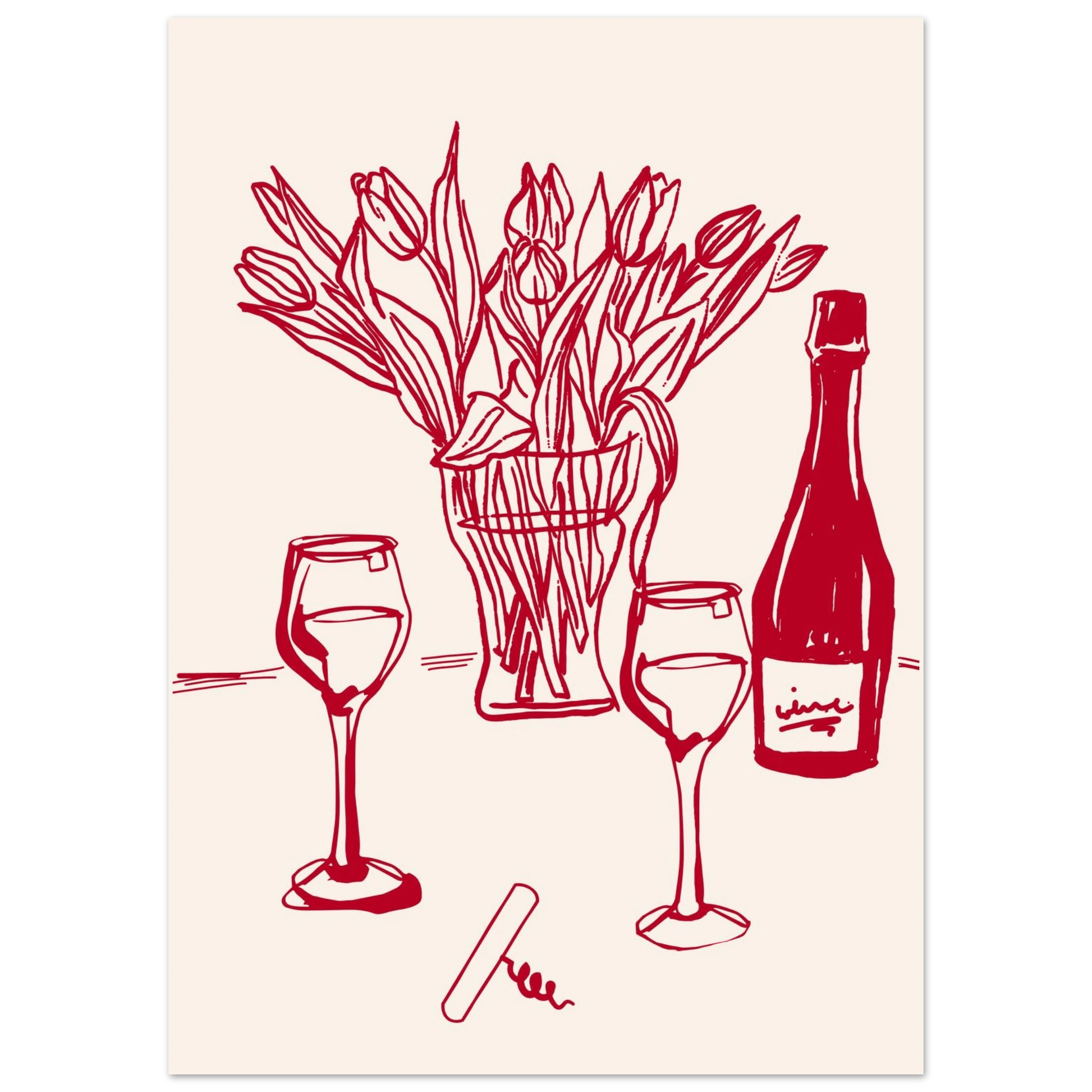Red Wine & Tulips Print | Line Art Wine Bottle Wall Art | Kitchen Poster - Evergreen Posters