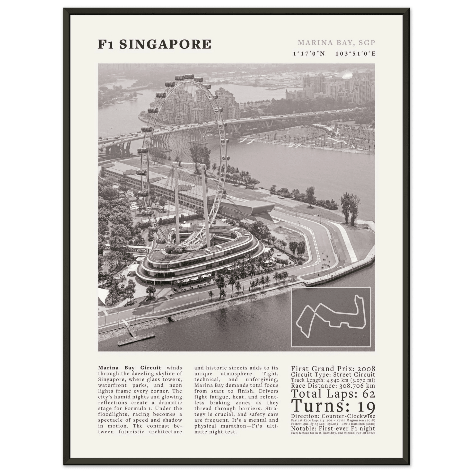 F1 Singapore Poster Black and White – Vintage Marina Bay Night Race Print (Digital & Printed Options) - Evergreen Posters