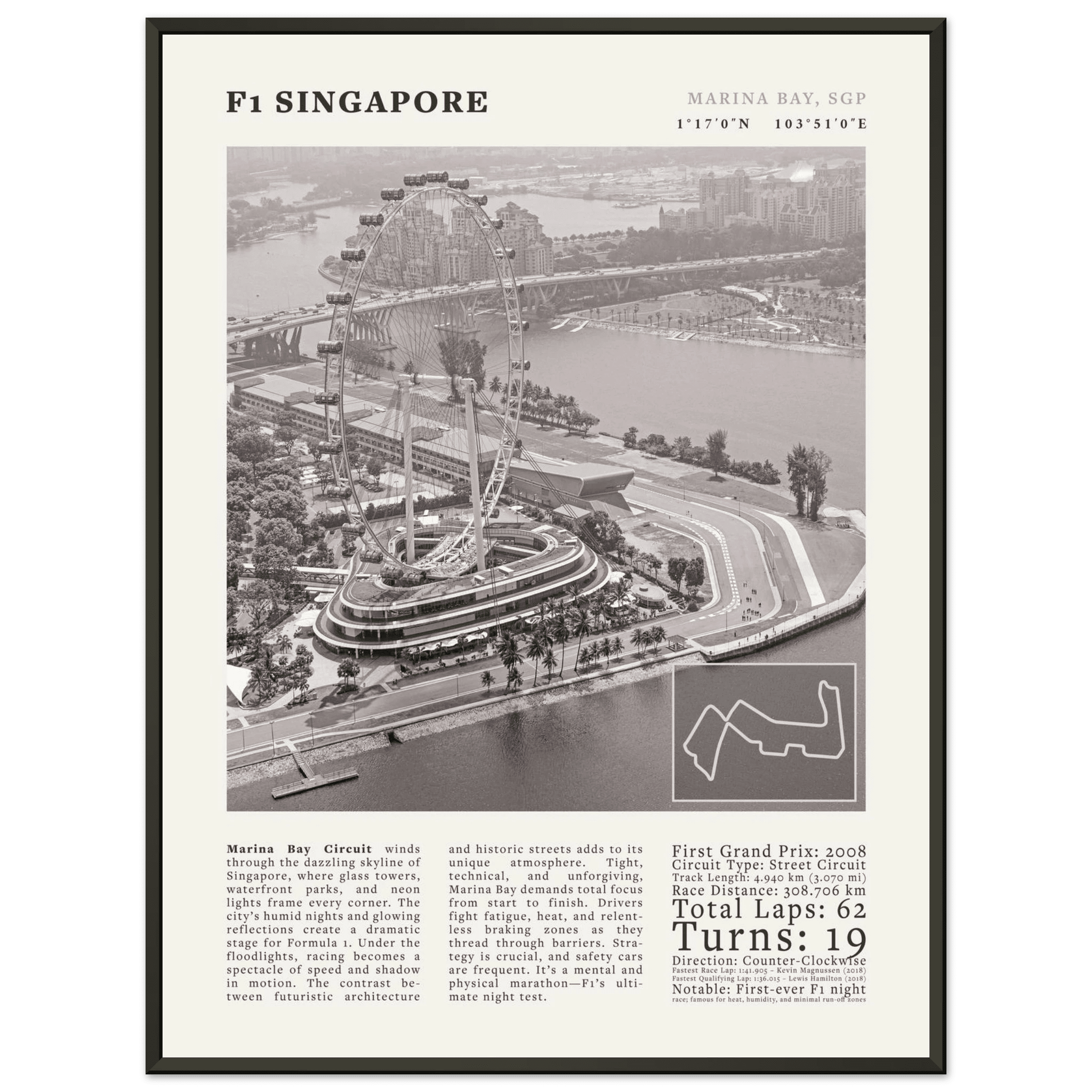 F1 Singapore Poster Black and White – Vintage Marina Bay Night Race Print (Digital & Printed Options) - Evergreen Posters