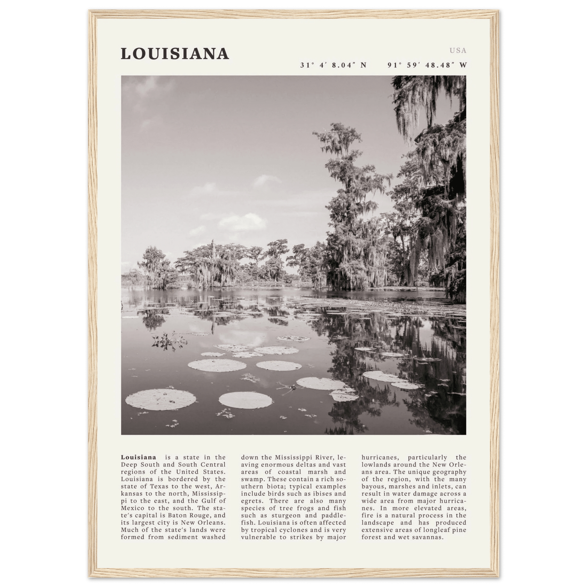 Louisiana Poster | Black & White Bayou Wall Art | Southern USA Travel Print Decor - Evergreen Posters
