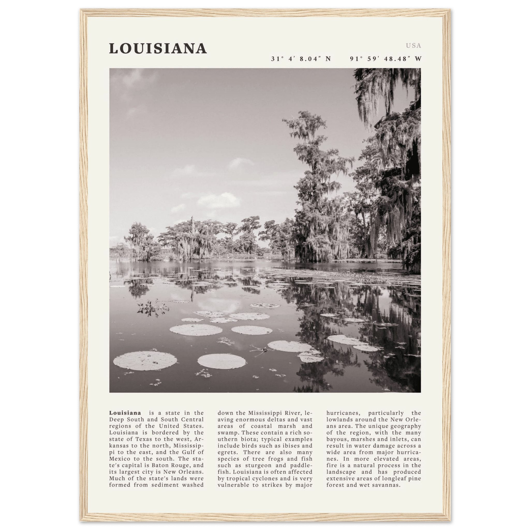 Louisiana Poster | Black & White Bayou Wall Art | Southern USA Travel Print Decor - Evergreen Posters