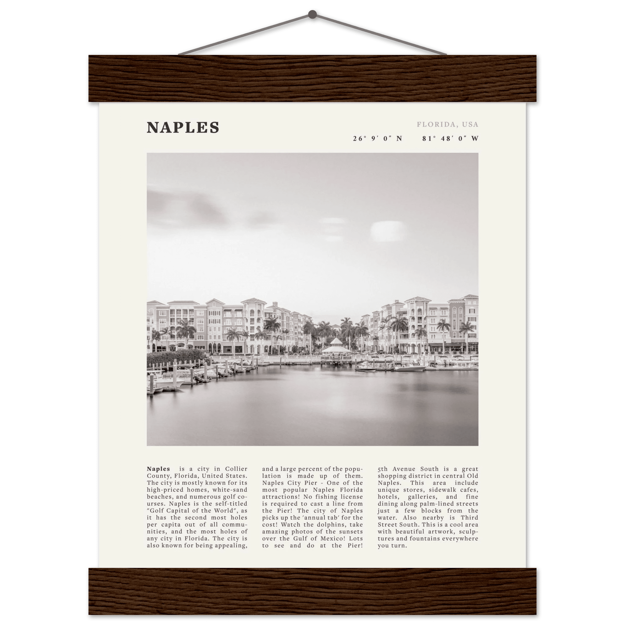 Naples Florida Poster | Black & White Gulf Coast Wall Art | FL Travel Print - Evergreen Posters
