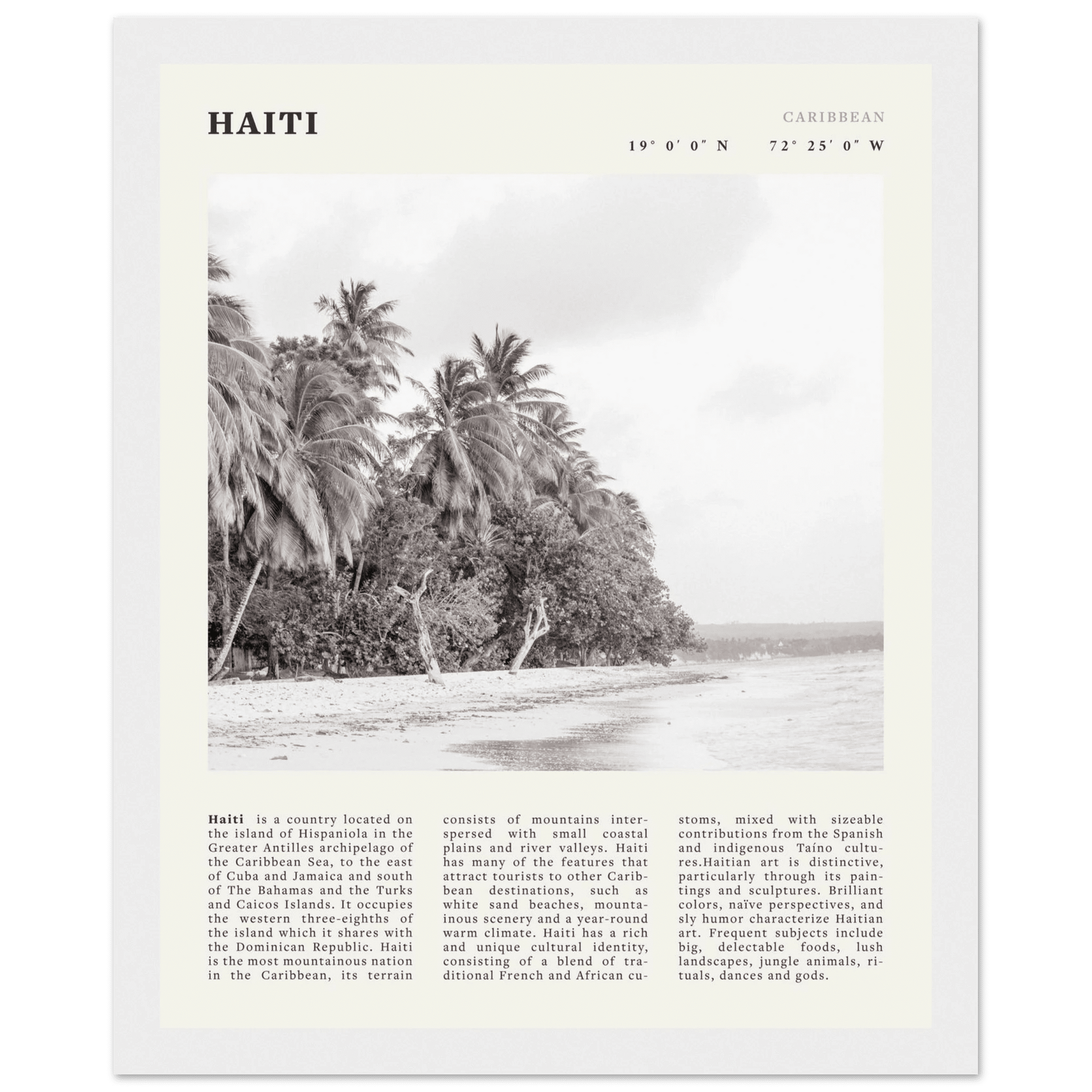 Haiti Poster | Black & White Caribbean Beach Wall Art | Tropical Travel Print - Evergreen Posters