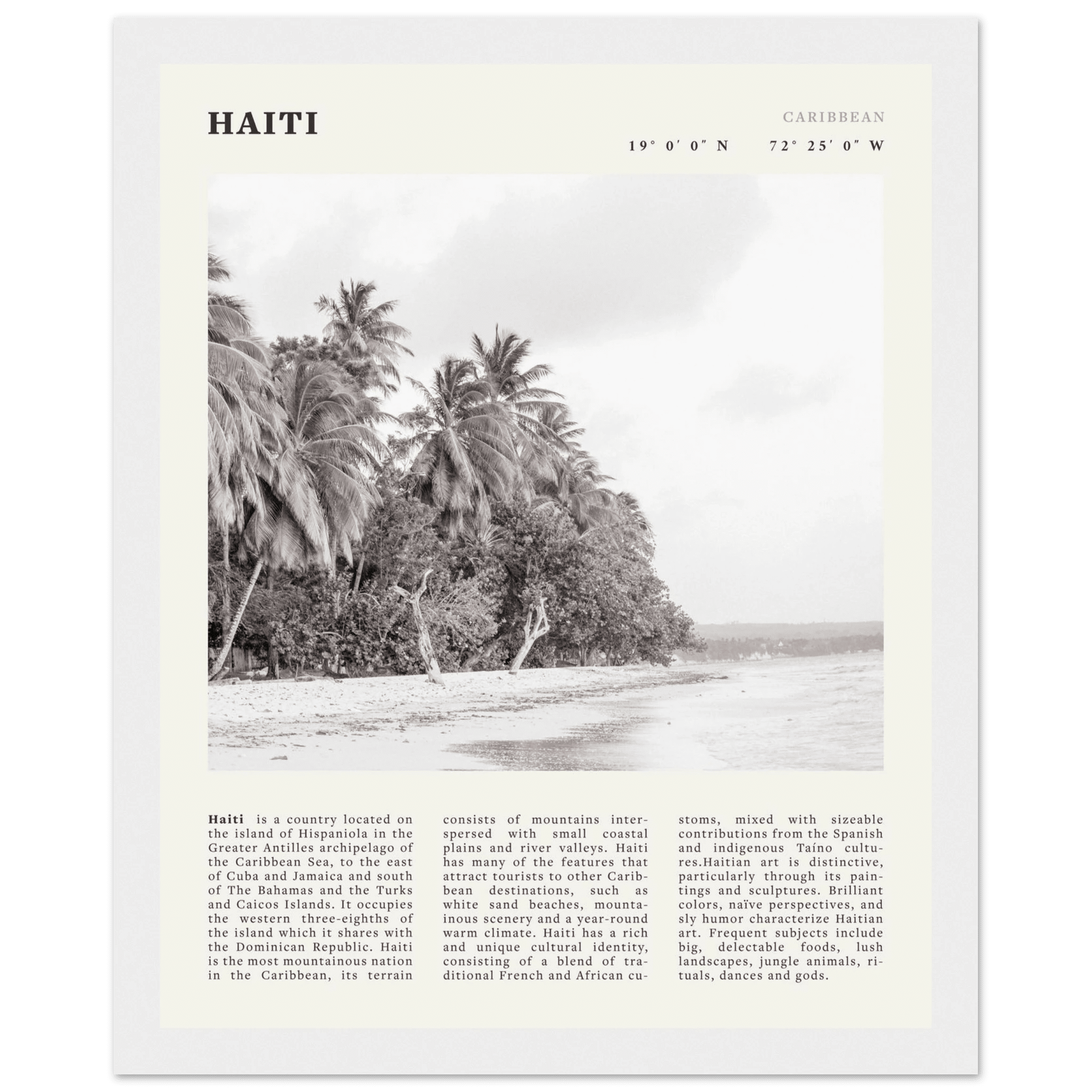 Haiti Poster | Black & White Caribbean Beach Wall Art | Tropical Travel Print - Evergreen Posters