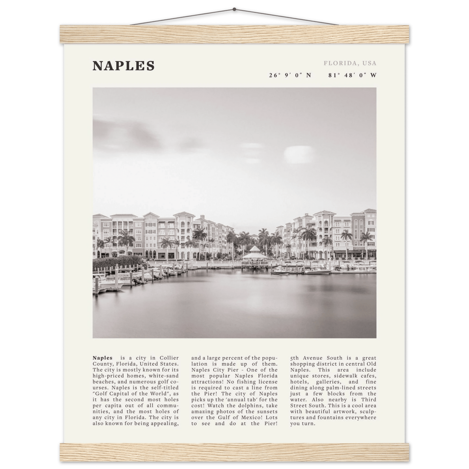 Naples Florida Poster | Black & White Gulf Coast Wall Art | FL Travel Print - Evergreen Posters