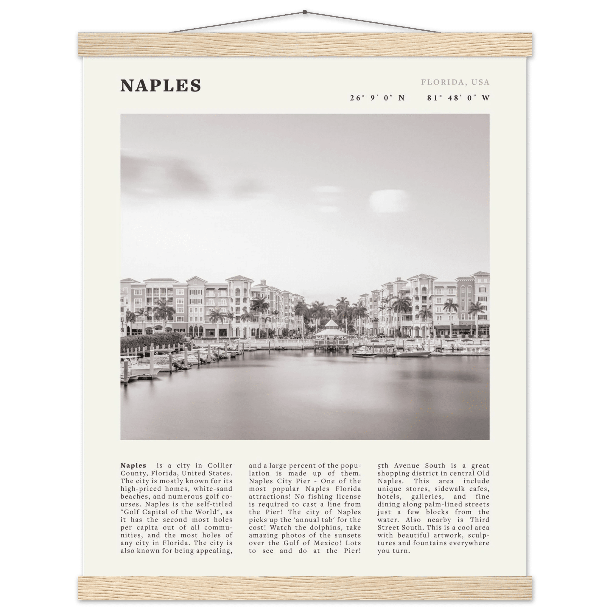 Naples Florida Poster | Black & White Gulf Coast Wall Art | FL Travel Print - Evergreen Posters