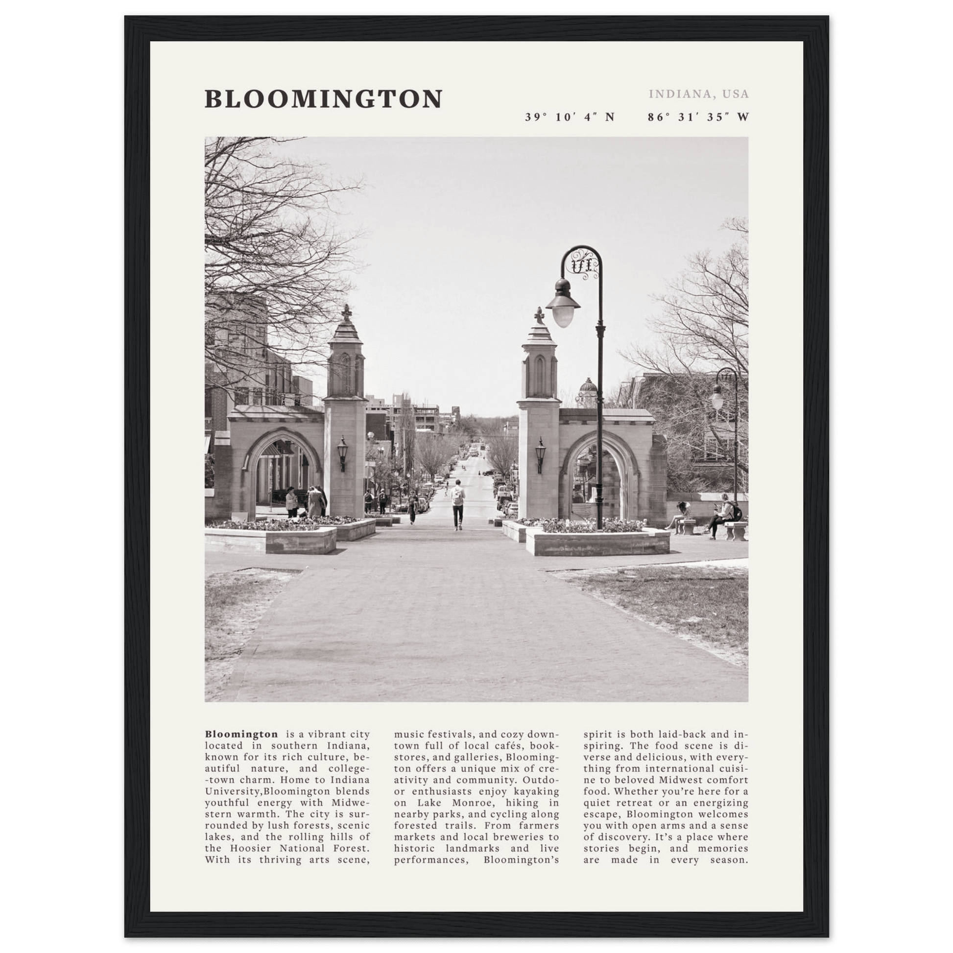 Bloomington Indiana Black and White Vintage Poster - Evergreen Posters