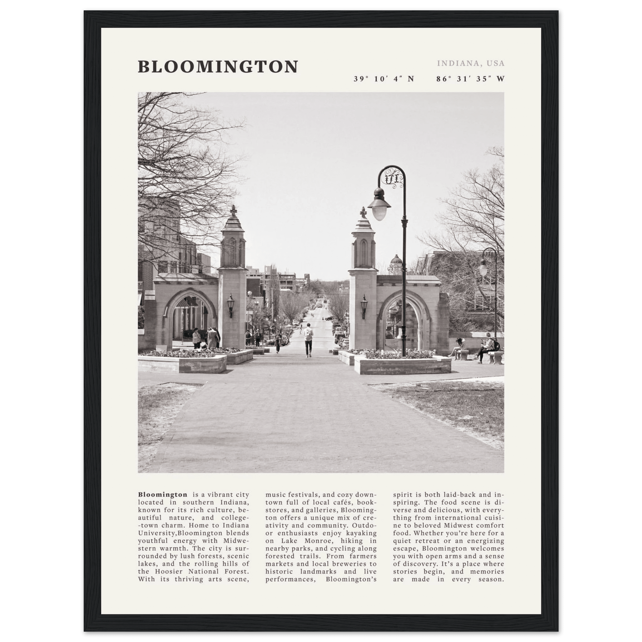 Bloomington Indiana Black and White Vintage Poster - Evergreen Posters