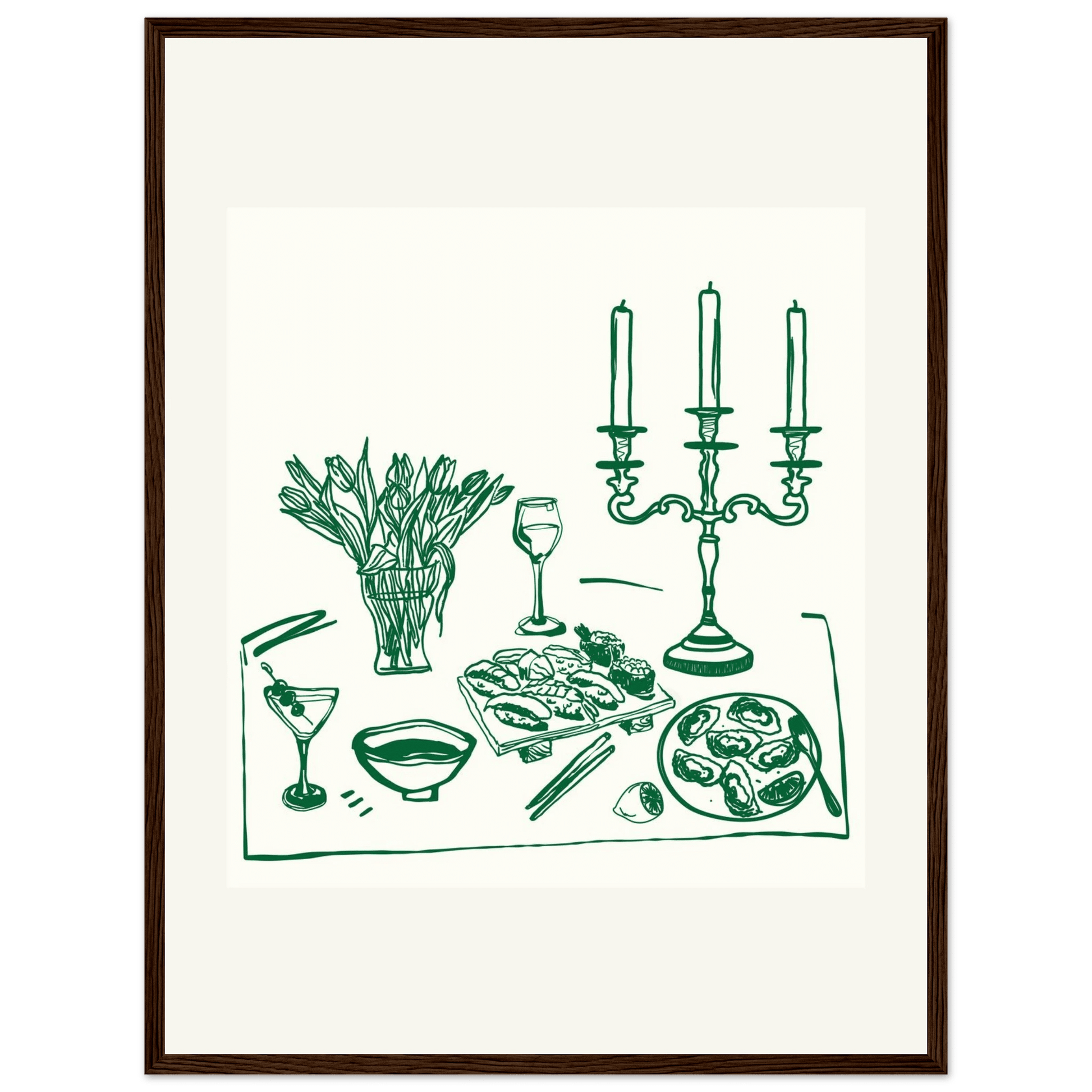 Fine Dining Table Print | Green Line Art Kitchen Wall Art | Elegant Dining Room Poster - Evergreen Posters