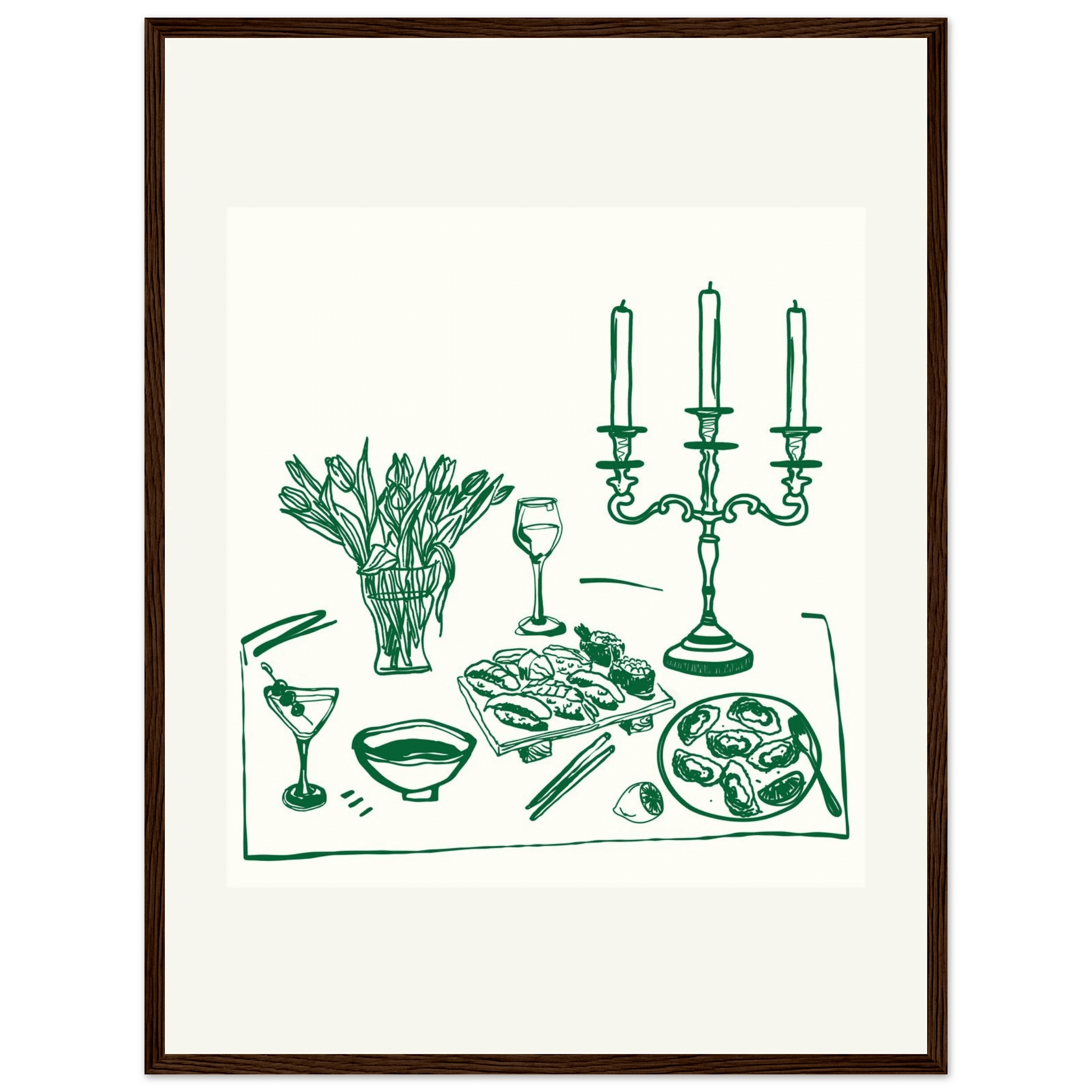 Fine Dining Table Print | Green Line Art Kitchen Wall Art | Elegant Dining Room Poster - Evergreen Posters