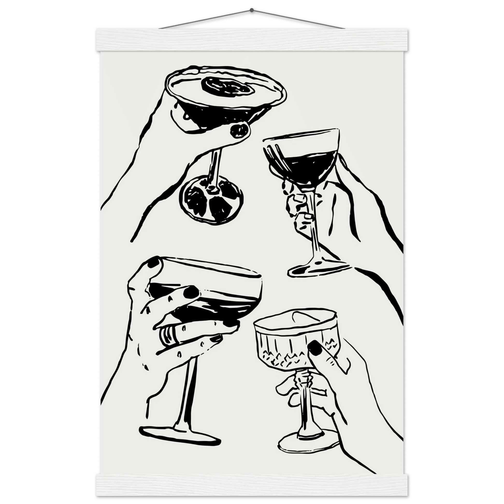 Cheers Print | Black Line Art Cocktail Glasses Wall Art | Kitchen Bar Poster - Evergreen Posters