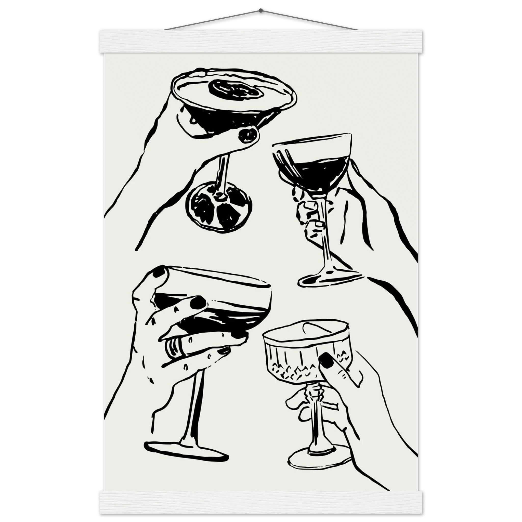 Cheers Print | Black Line Art Cocktail Glasses Wall Art | Kitchen Bar Poster - Evergreen Posters