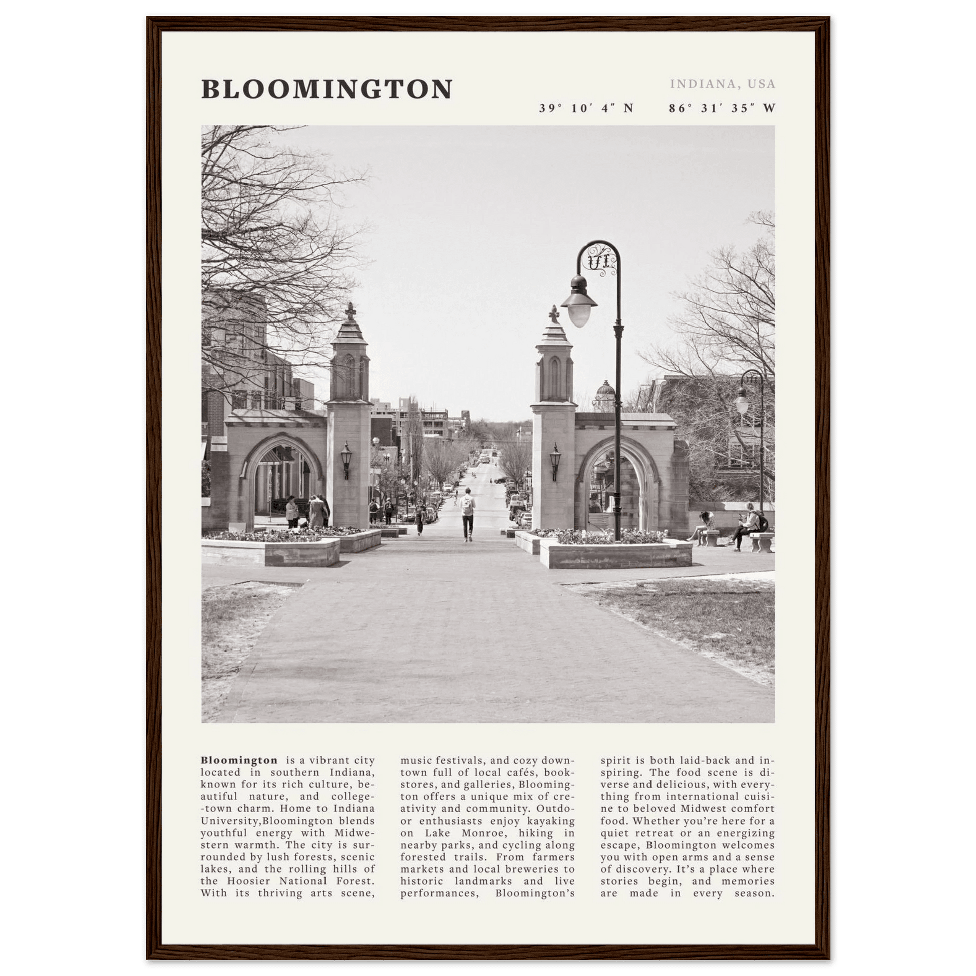 Bloomington Indiana Black and White Vintage Poster - Evergreen Posters