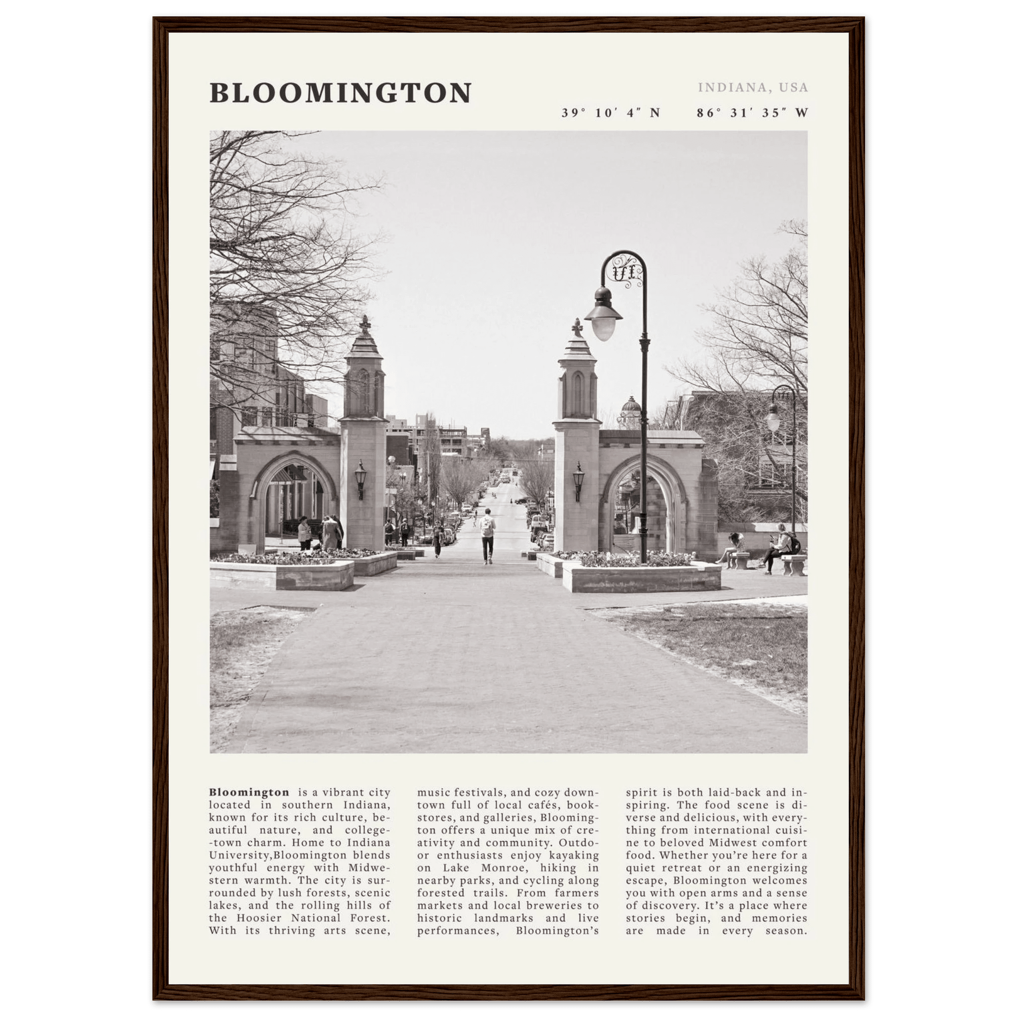 Bloomington Indiana Black and White Vintage Poster - Evergreen Posters
