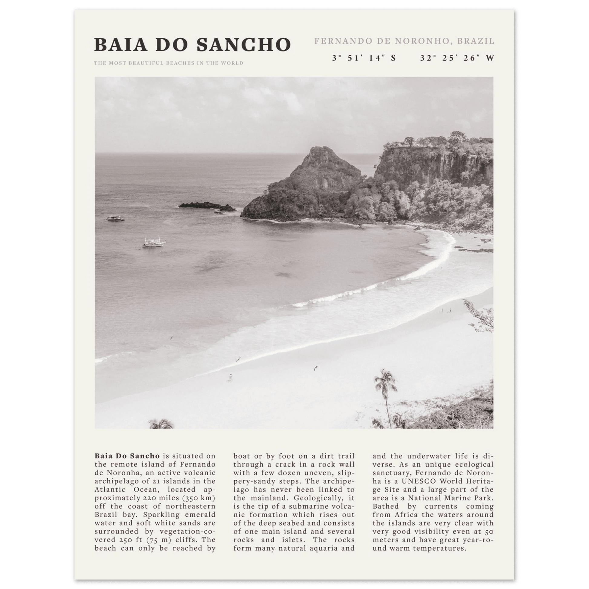 Baia Do Sancho Poster | Black & White Brazil Beach Wall Art | Fernando de Noronha - Evergreen Posters