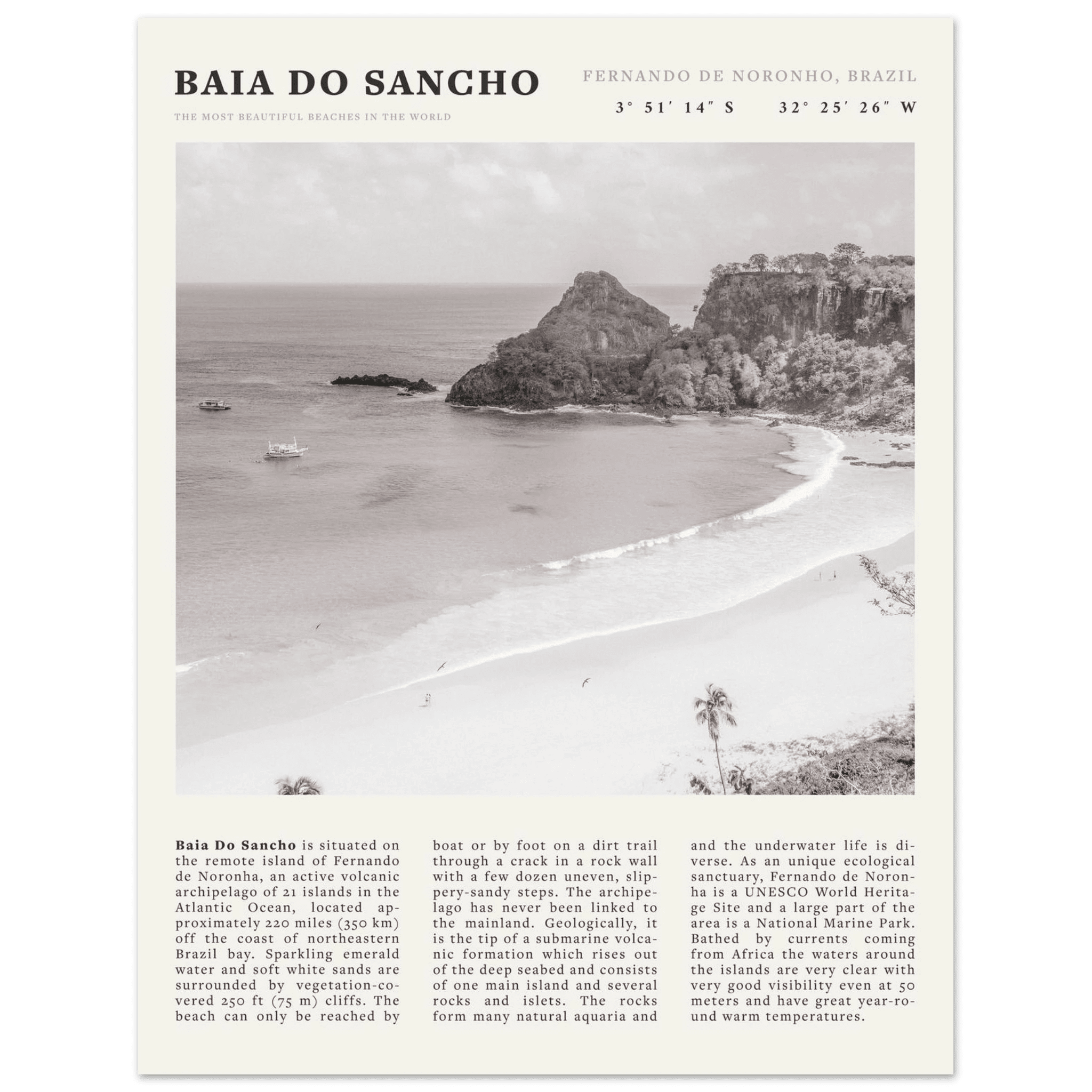 Baia Do Sancho Poster | Black & White Brazil Beach Wall Art | Fernando de Noronha - Evergreen Posters
