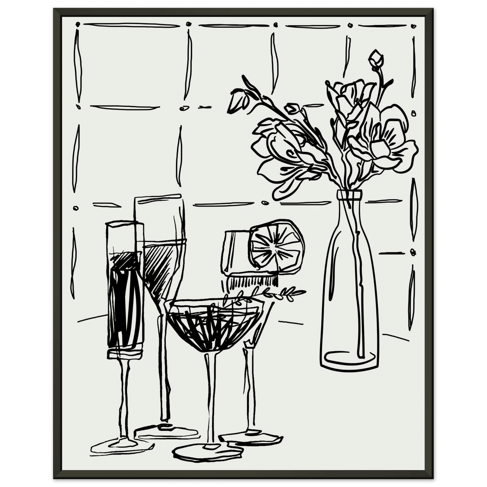Cocktails & Flowers Print | Black Line Art Drinks Wall Art | Kitchen Bar Poster - Evergreen Posters