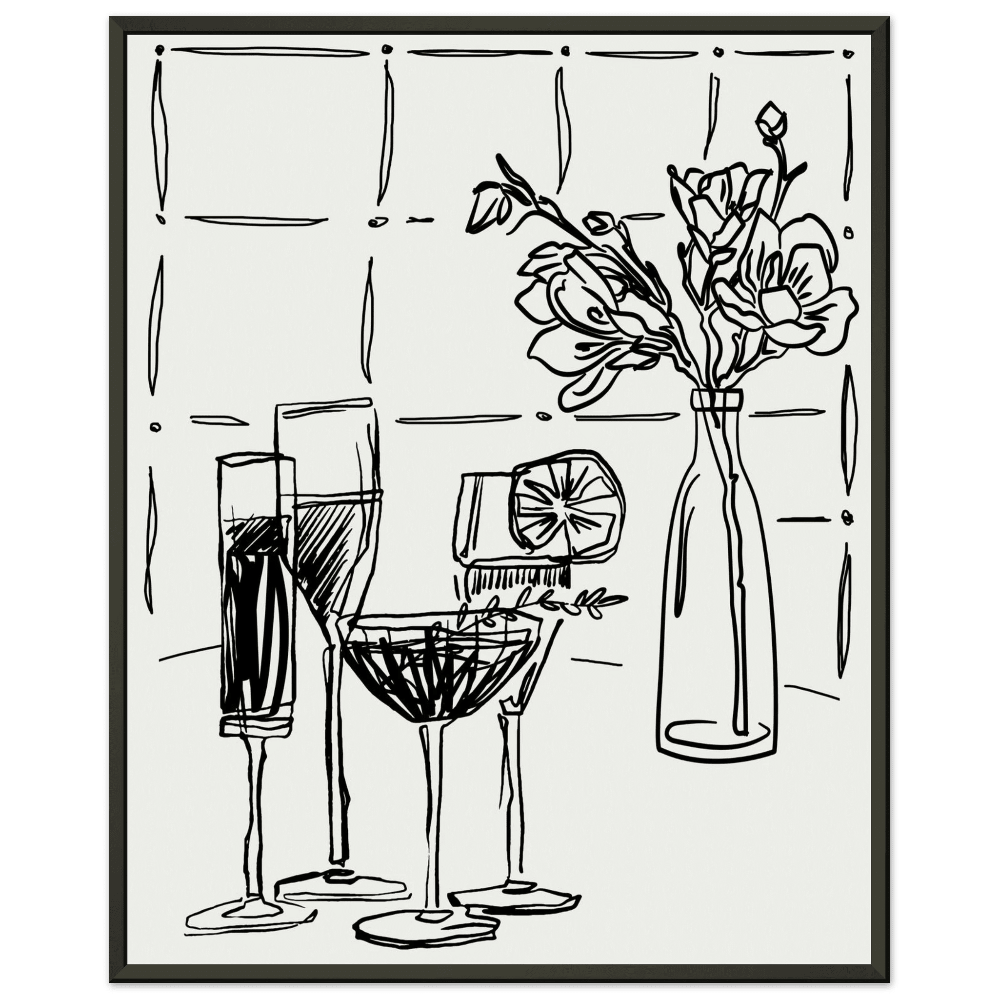 Cocktails & Flowers Print | Black Line Art Drinks Wall Art | Kitchen Bar Poster - Evergreen Posters