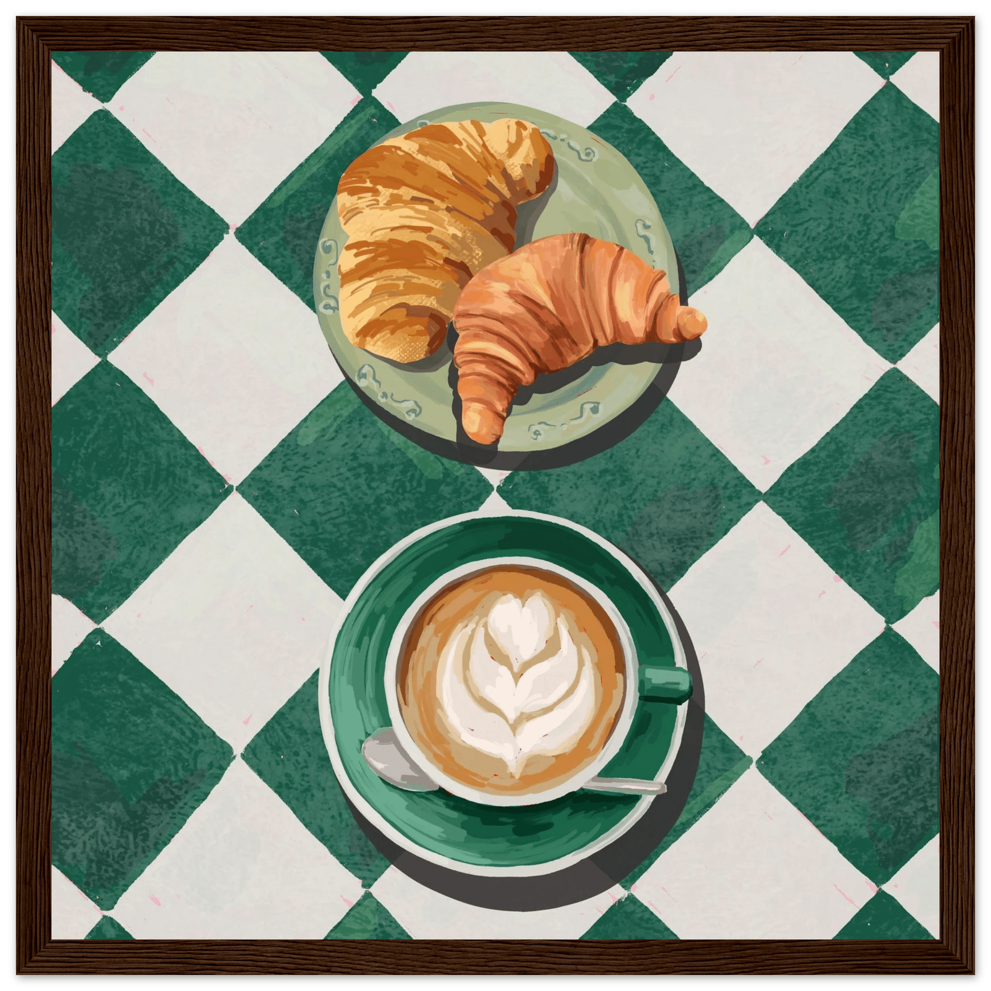 Croissant & Latte Poster | Classic Kitchen Wall Art | Green Tile Square Breakfast Print - Evergreen Posters - 8