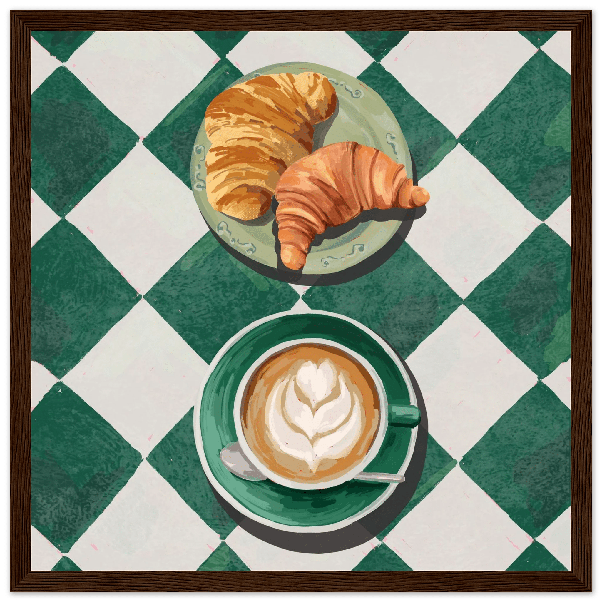 Croissant & Latte Poster | Classic Kitchen Wall Art | Green Tile Square Breakfast Print - Evergreen Posters - 8