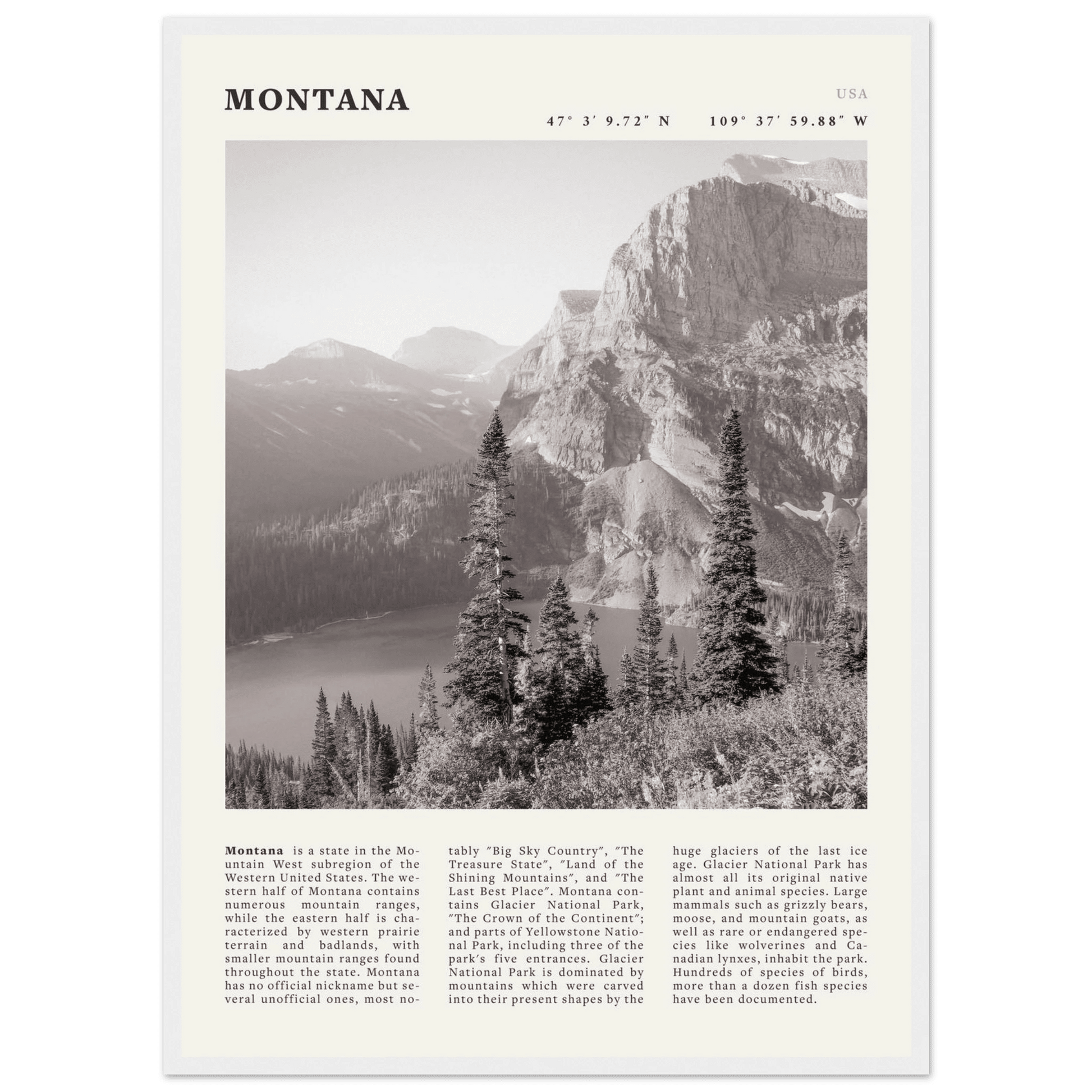 Montana Poster | Black & White Glacier National Park Wall Art | Nature Travel Print - Evergreen Posters