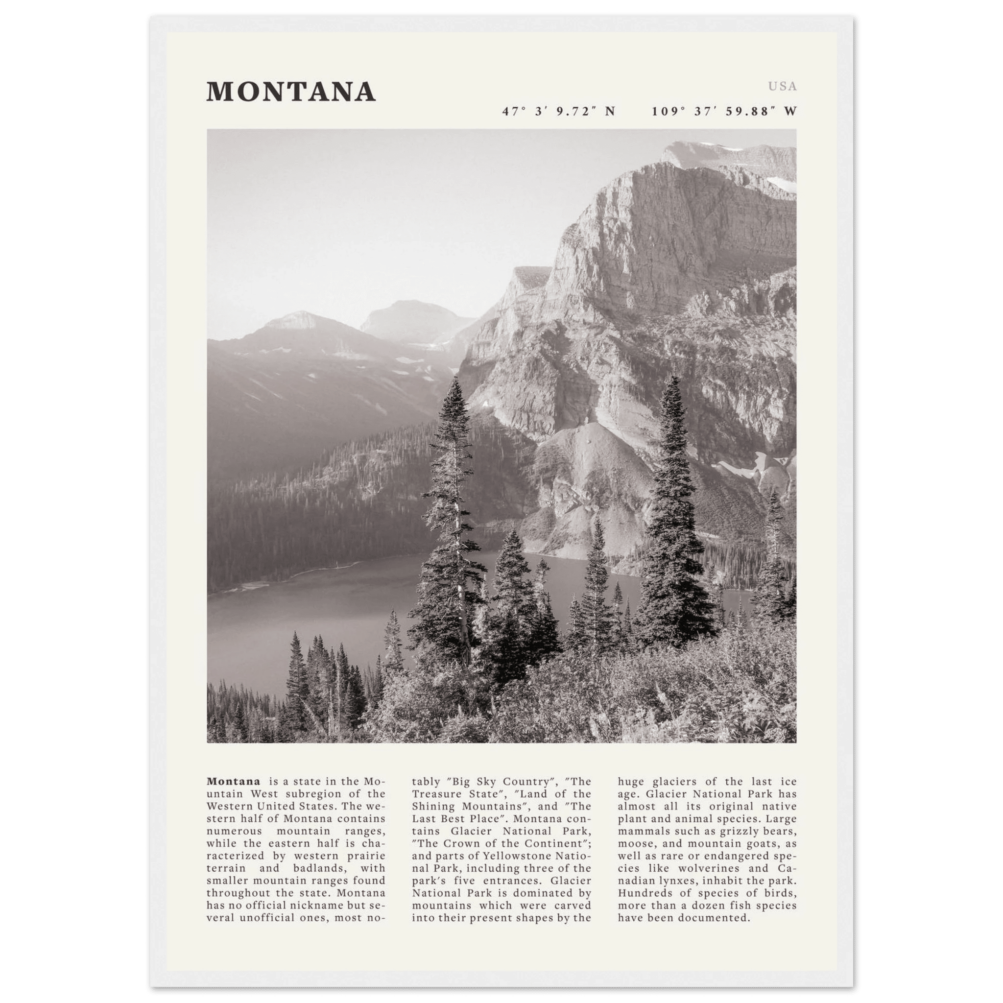 Montana Poster | Black & White Glacier National Park Wall Art | Nature Travel Print - Evergreen Posters