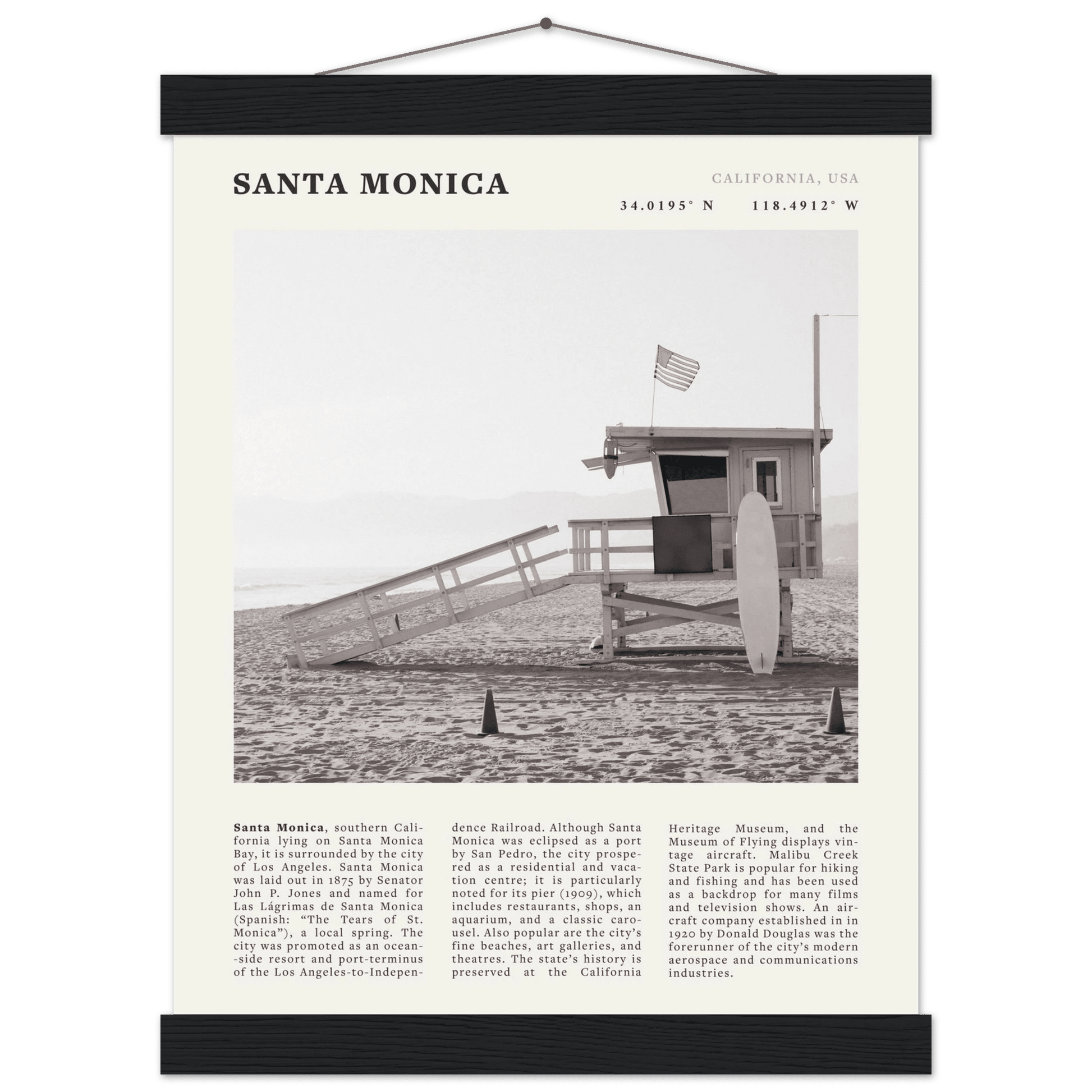 Santa Monica Poster | Black & White California Wall Art | Beach Travel Print | Coastal Decor - Evergreen Posters